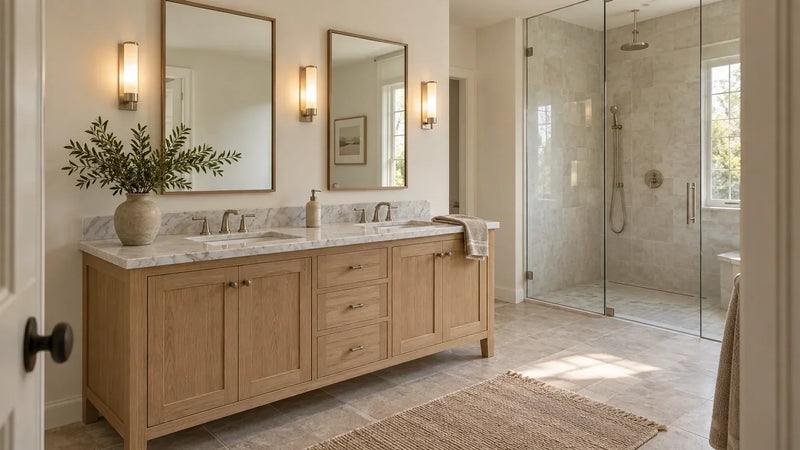 Sunlit primary bathroom with a white oak double vanity, Carrara countertop, brushed nickel fixtures, and limestone flooring.