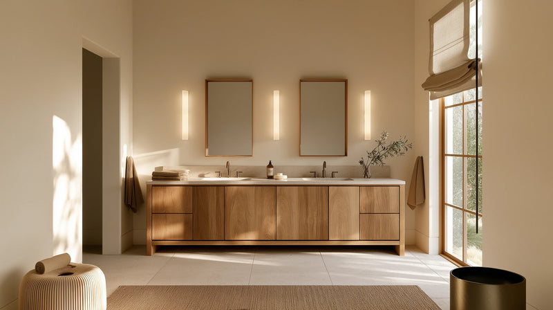 Primary bathroom with a white oak double vanity, two sinks, pale stone, and comfortable open circulation