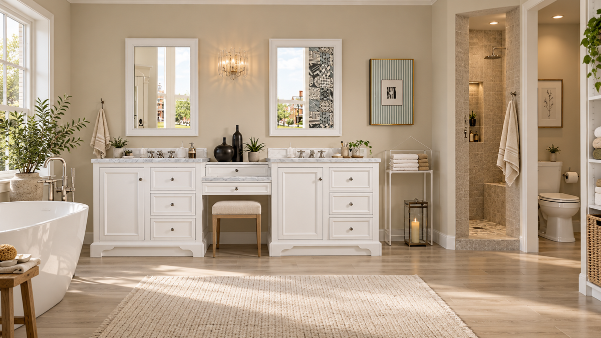 1. White double bathroom vanity with a central makeup station and upholstered stool, paired with a freestanding bathtub, open walk-in shower, and linen storage.