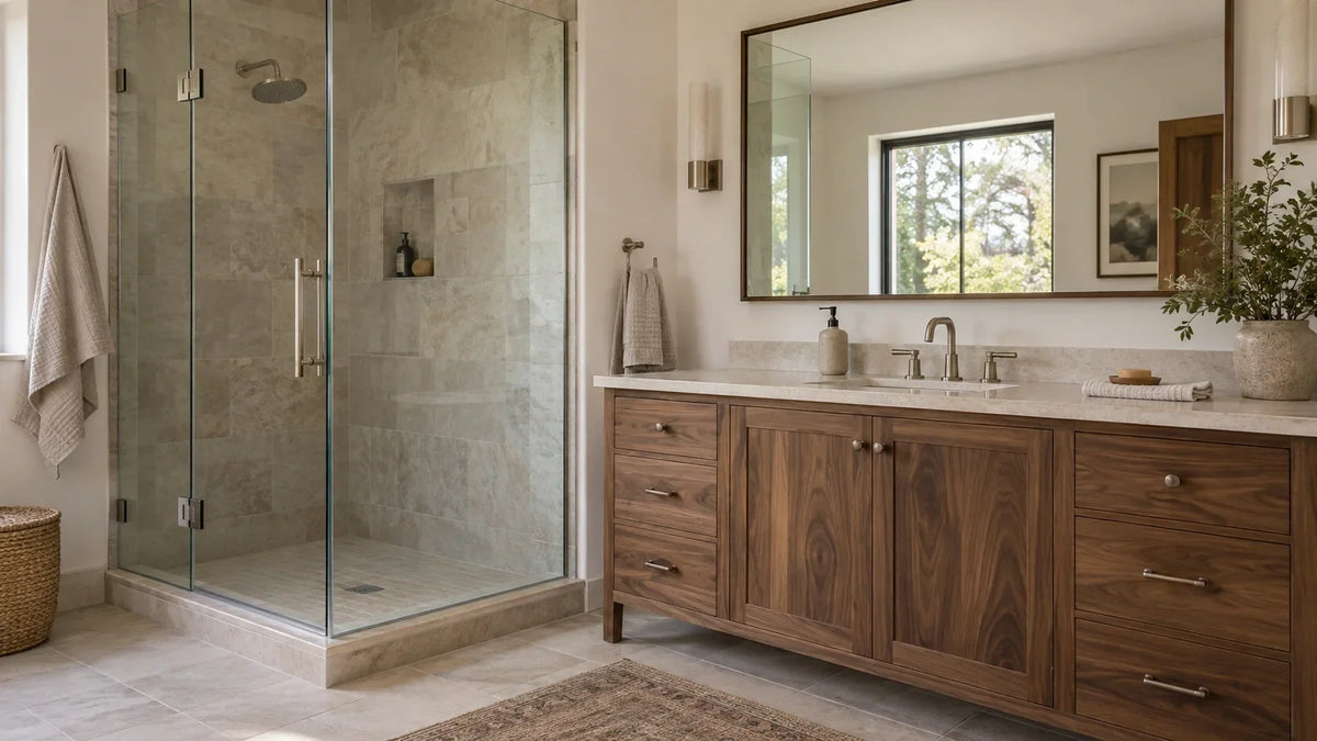 Natural wood bathroom vanity in a calm primary bath with pale stone, brushed nickel fixtures, soft daylight, and understated styling.