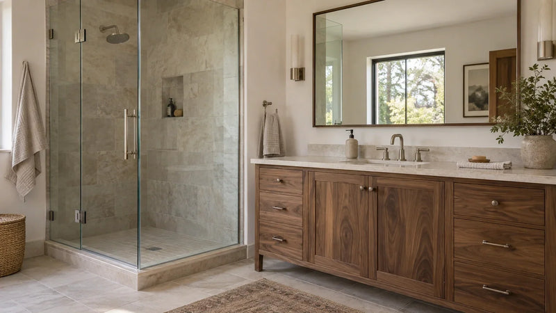 Natural wood bathroom vanity in a calm primary bath with pale stone, brushed nickel fixtures, soft daylight, and understated styling.