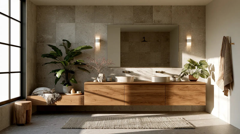 Refined modern bathroom with a floating oak vanity, large-format wall tile, soft low-contrast grout and a matte stone floor in warm natural light