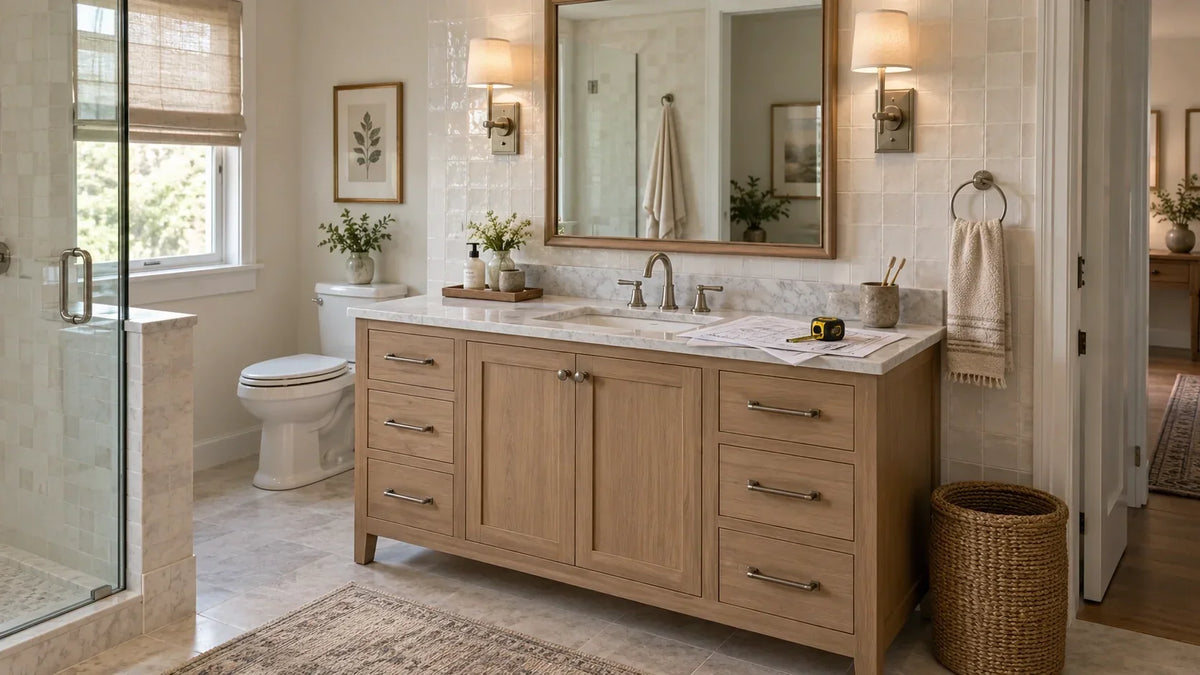 beautifully styled bathroom with a realistic single-sink vanity, stone countertop, polished faucet, mirror, sconces, and balanced natural light