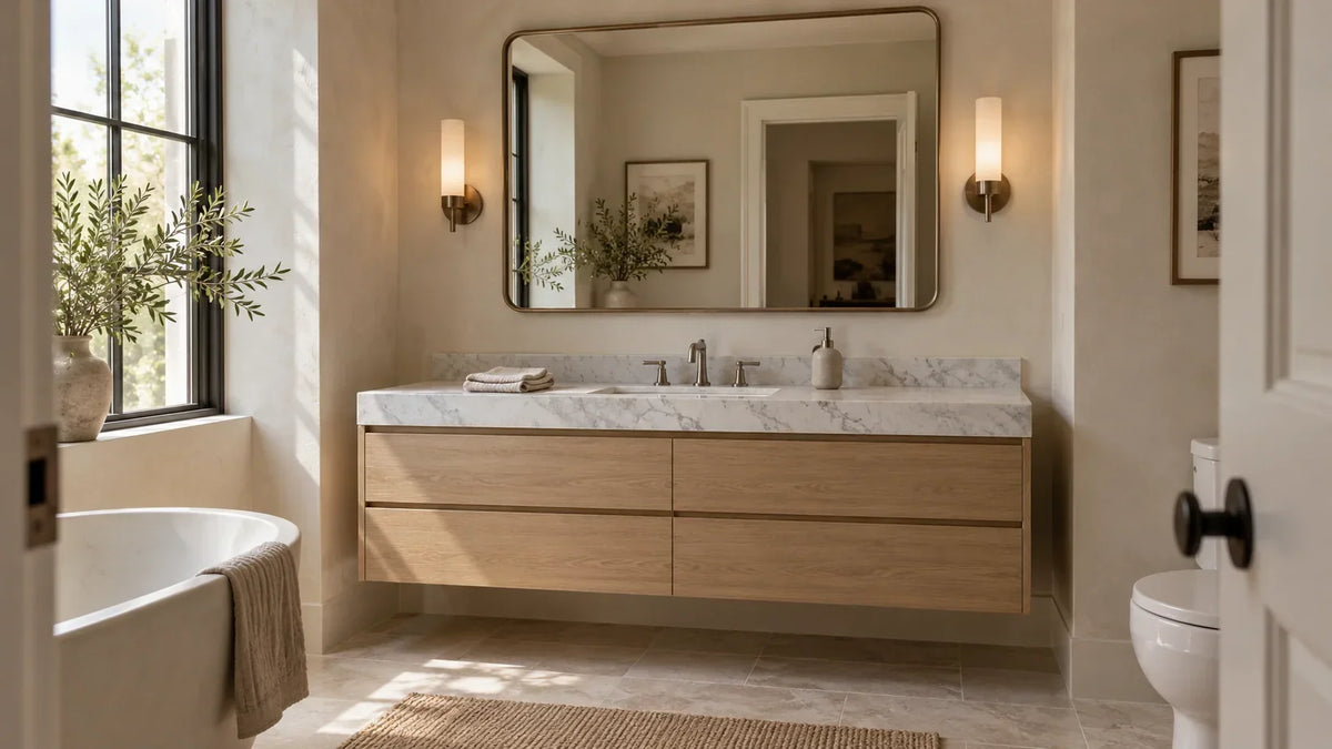 a photo of an ultra-realistic refined small bathroom centered on a wall-mounted white oak floating vanity with a honed Carrara marble countertop
