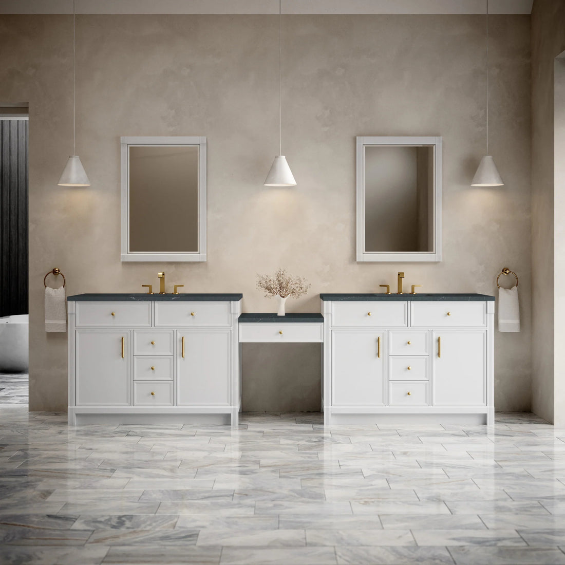 120" Bellshire Dual Vanity in Bright White with 24" Make-Up Counter by James Martin Vanities-Charcoal Soapstone Silestone 1