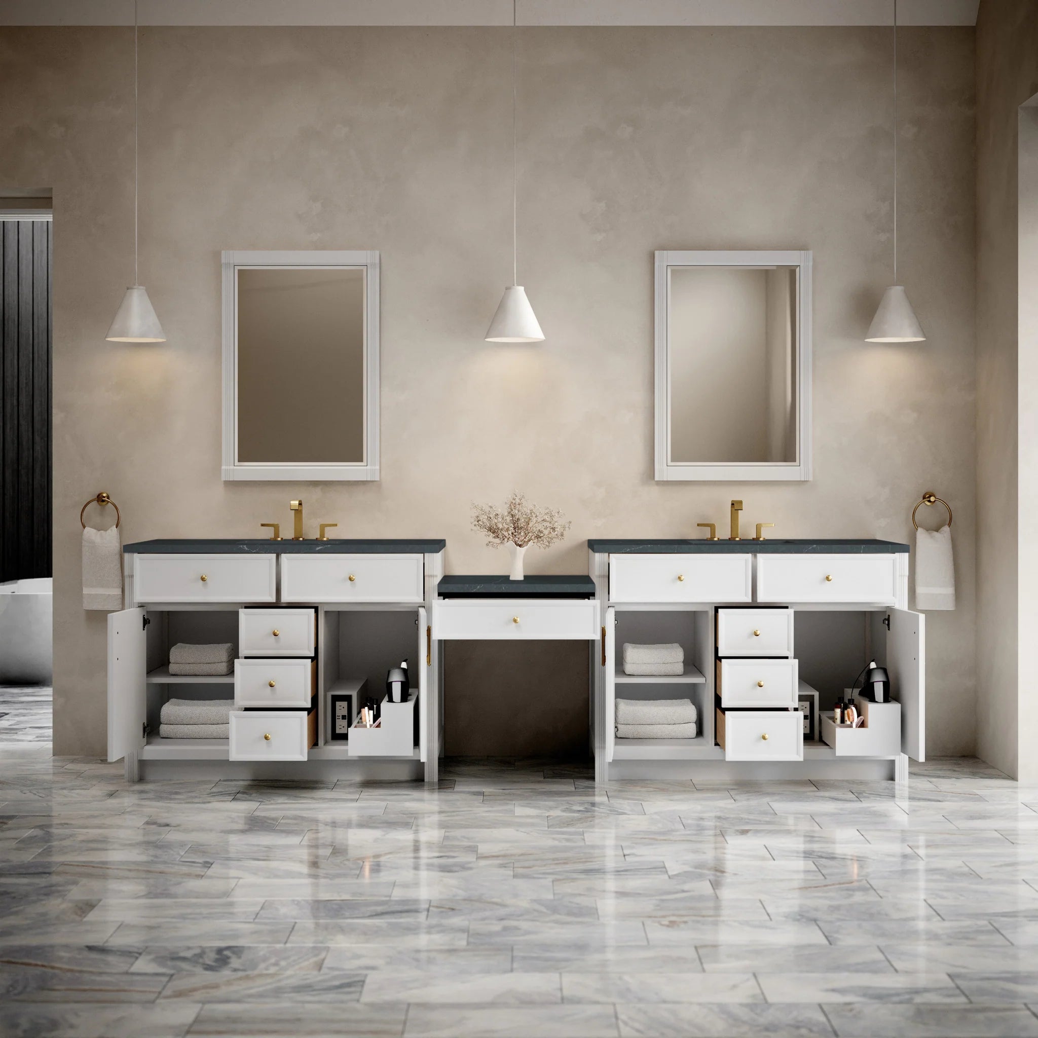 120" Bellshire Dual Vanity in Bright White with 24" Make-Up Counter by James Martin Vanities-Charcoal Soapstone Silestone 2