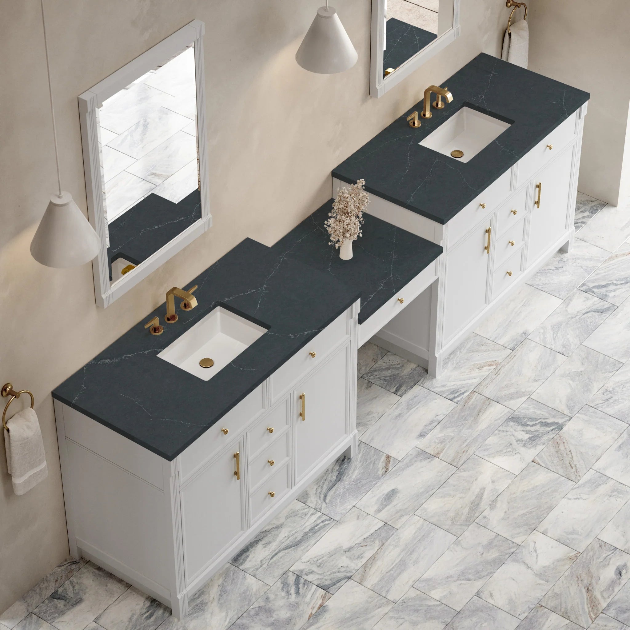 120" Bellshire Dual Vanity in Bright White with 24" Make-Up Counter by James Martin Vanities-Charcoal Soapstone Silestone 3