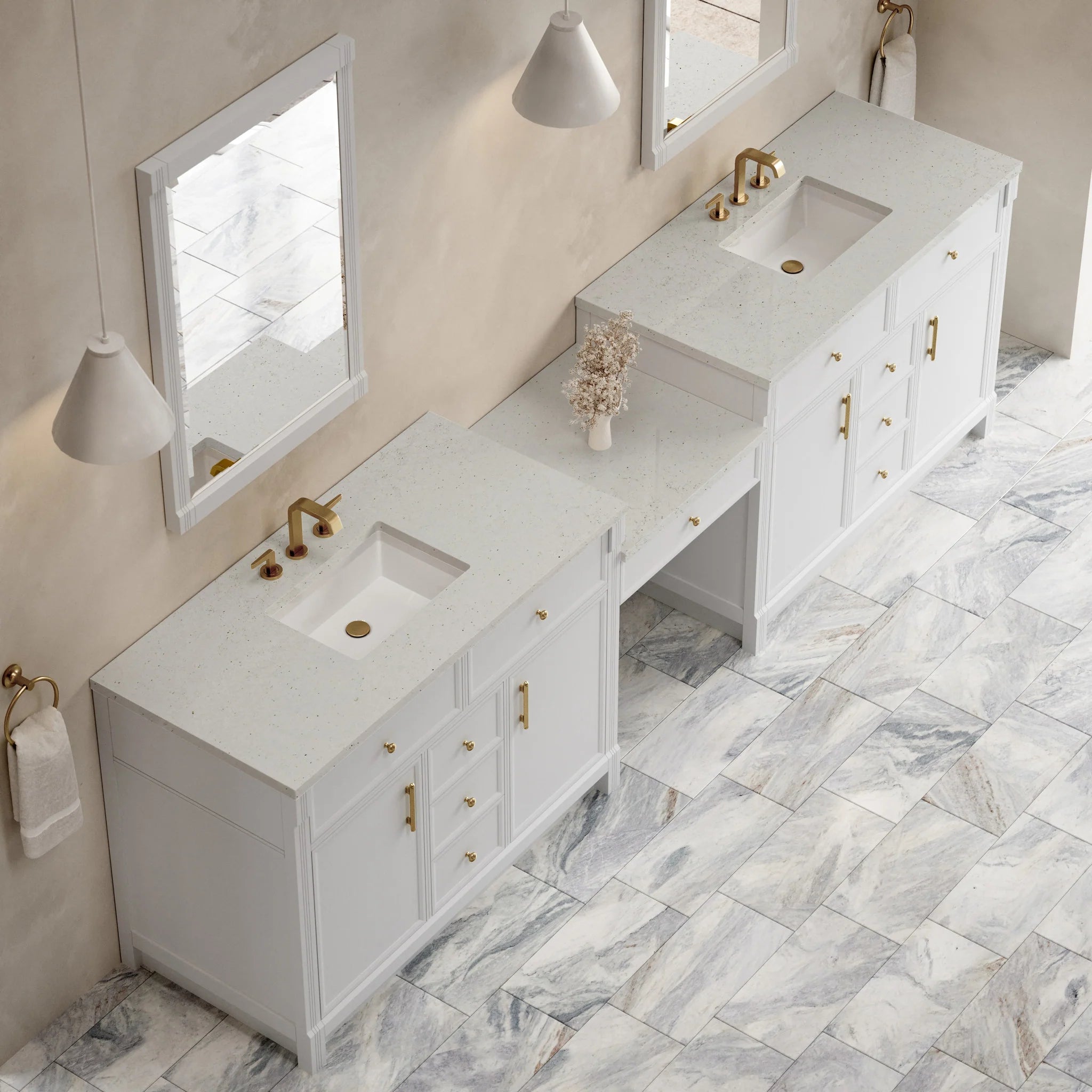 120" Bellshire Dual Vanity in Bright White with 24" Make-Up Counter by James Martin Vanities-Lime Delight Silestone 3