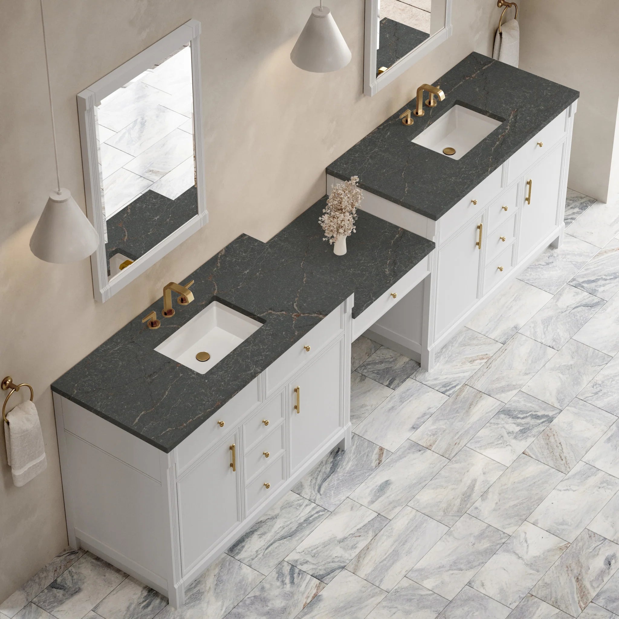 120" Bellshire Dual Vanity in Bright White with 24" Make-Up Counter by James Martin Vanities-Parisien Bleu Silestone 3