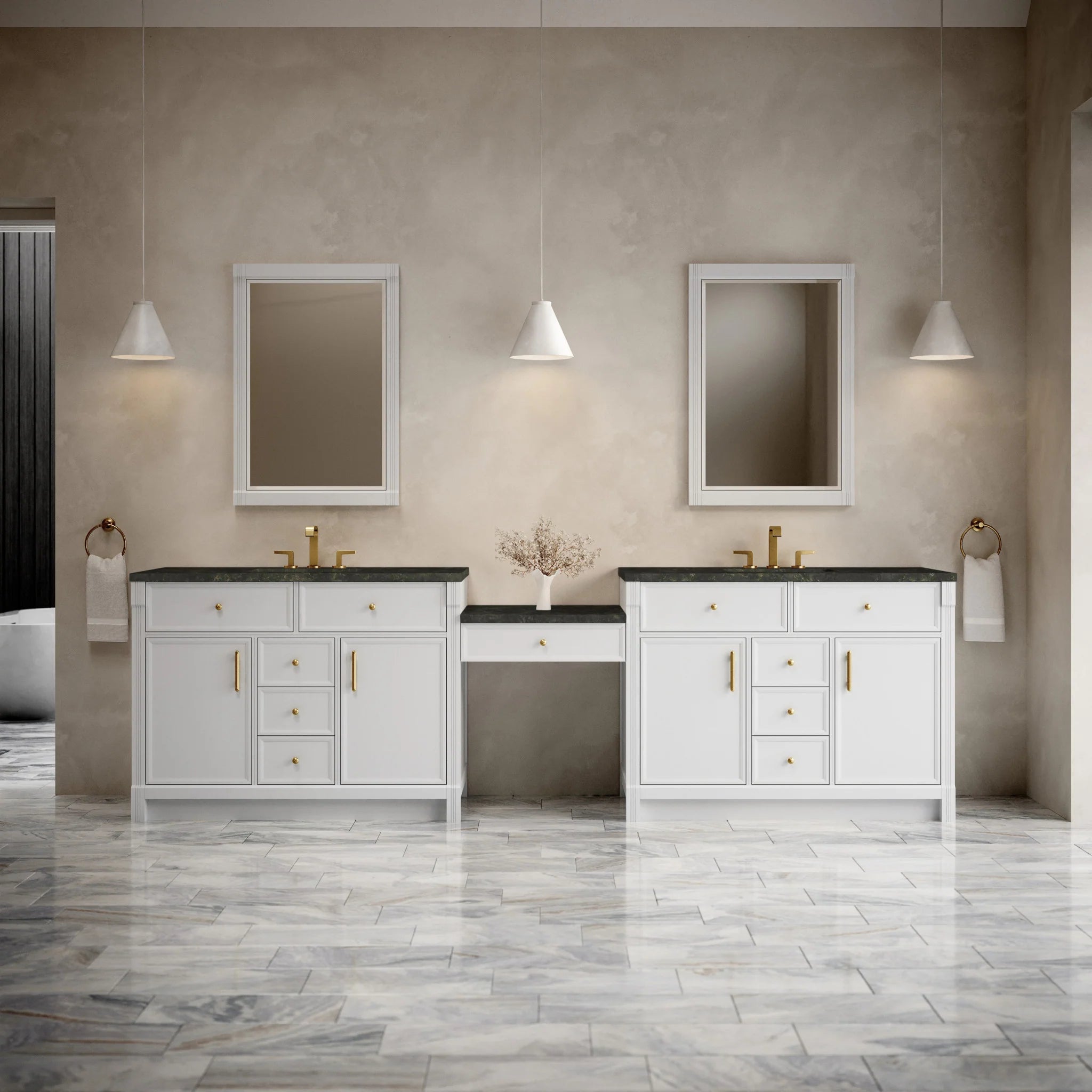 120" Bellshire Dual Vanity in Bright White with 24" Make-Up Counter by James Martin Vanities-Phantome Eclos 1
