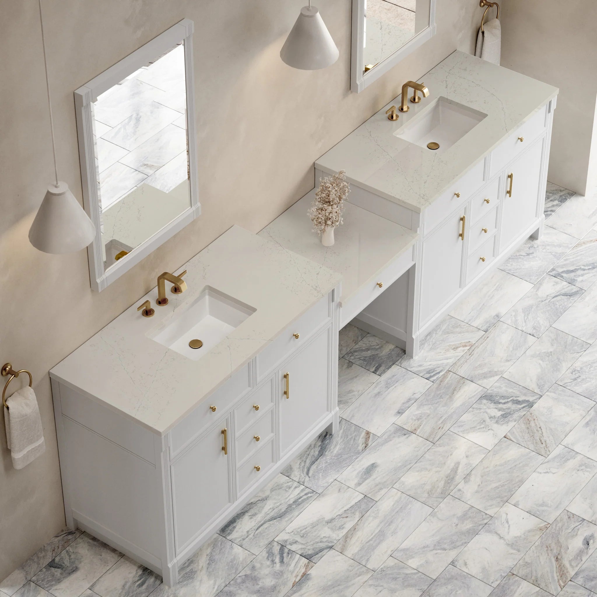 120" Bellshire Dual Vanity in Bright White with 24" Make-Up Counter by James Martin Vanities-Siberian Silestone 3