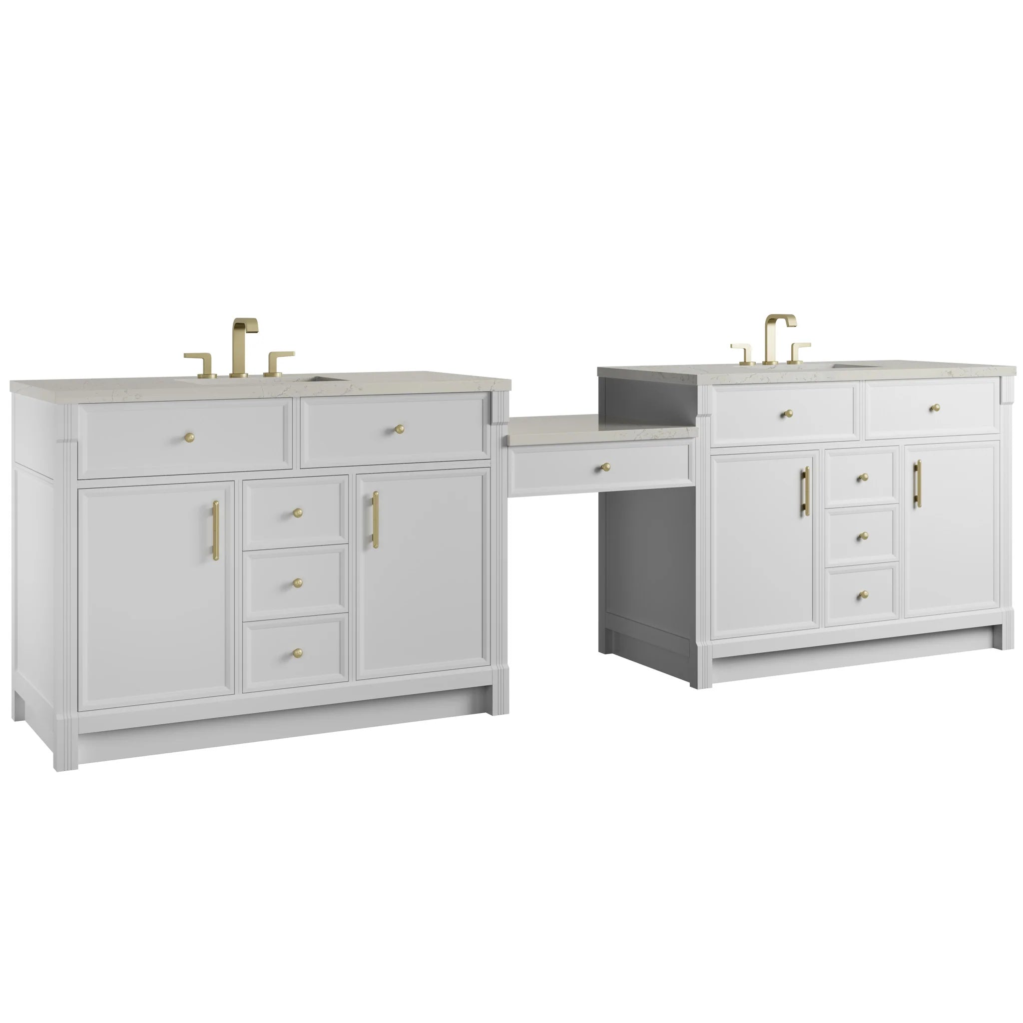 120" Bellshire Dual Vanity in Bright White with 24" Make-Up Counter by James Martin Vanities-Siberian Silestone 4