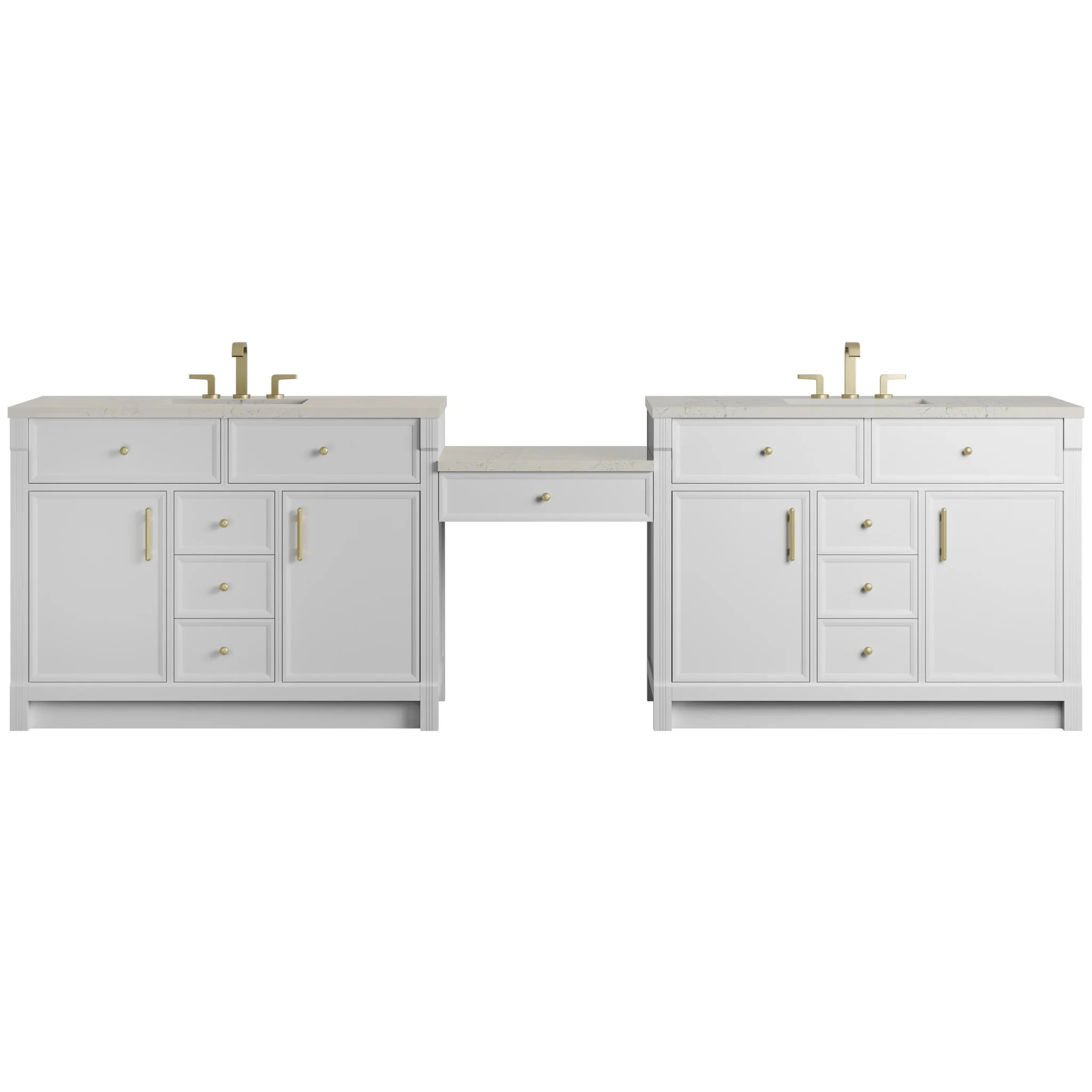 120" Bellshire Dual Vanity in Bright White with 24" Make-Up Counter by James Martin Vanities-Siberian Silestone 