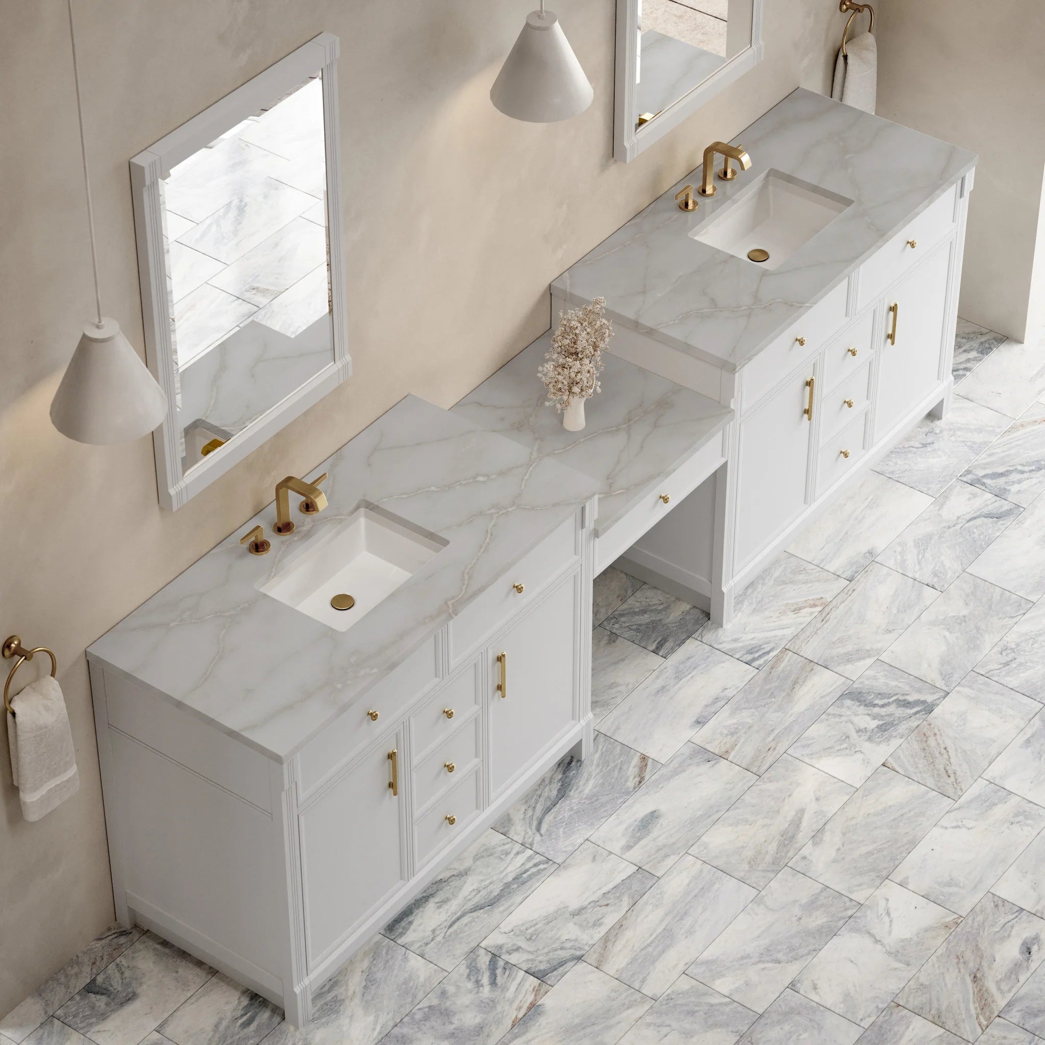 120" Bellshire Dual Vanity in Bright White with 24" Make-Up Counter by James Martin Vanities-Victorian Silver Silestone 3