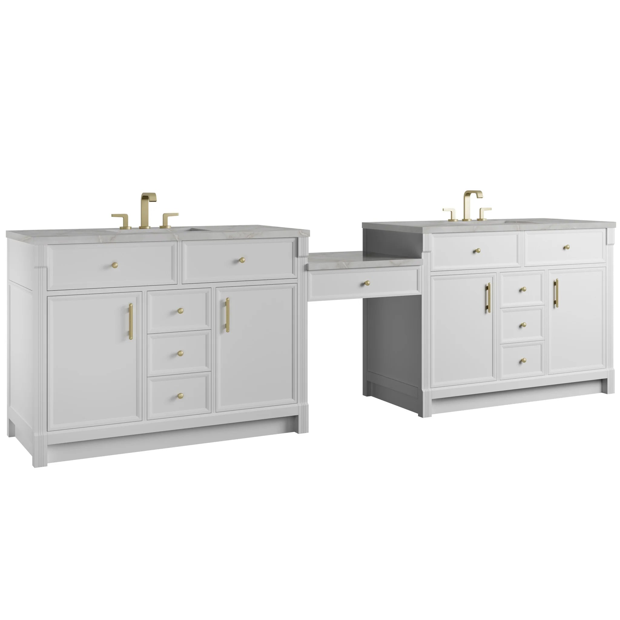 120" Bellshire Dual Vanity in Bright White with 24" Make-Up Counter by James Martin Vanities-Victorian Silver Silestone 4