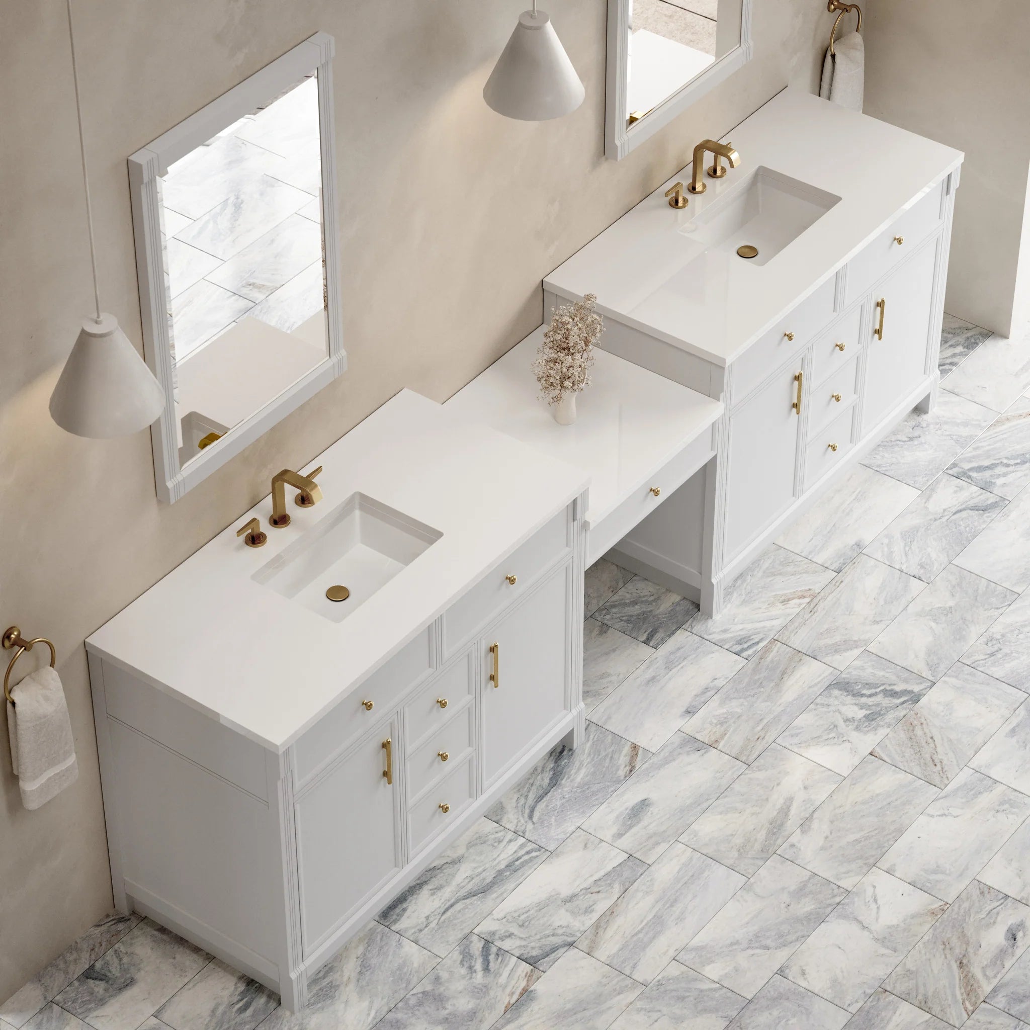 120" Bellshire Dual Vanity in Bright White with 24" Make-Up Counter by James Martin Vanities-White Zeus Silestone 3