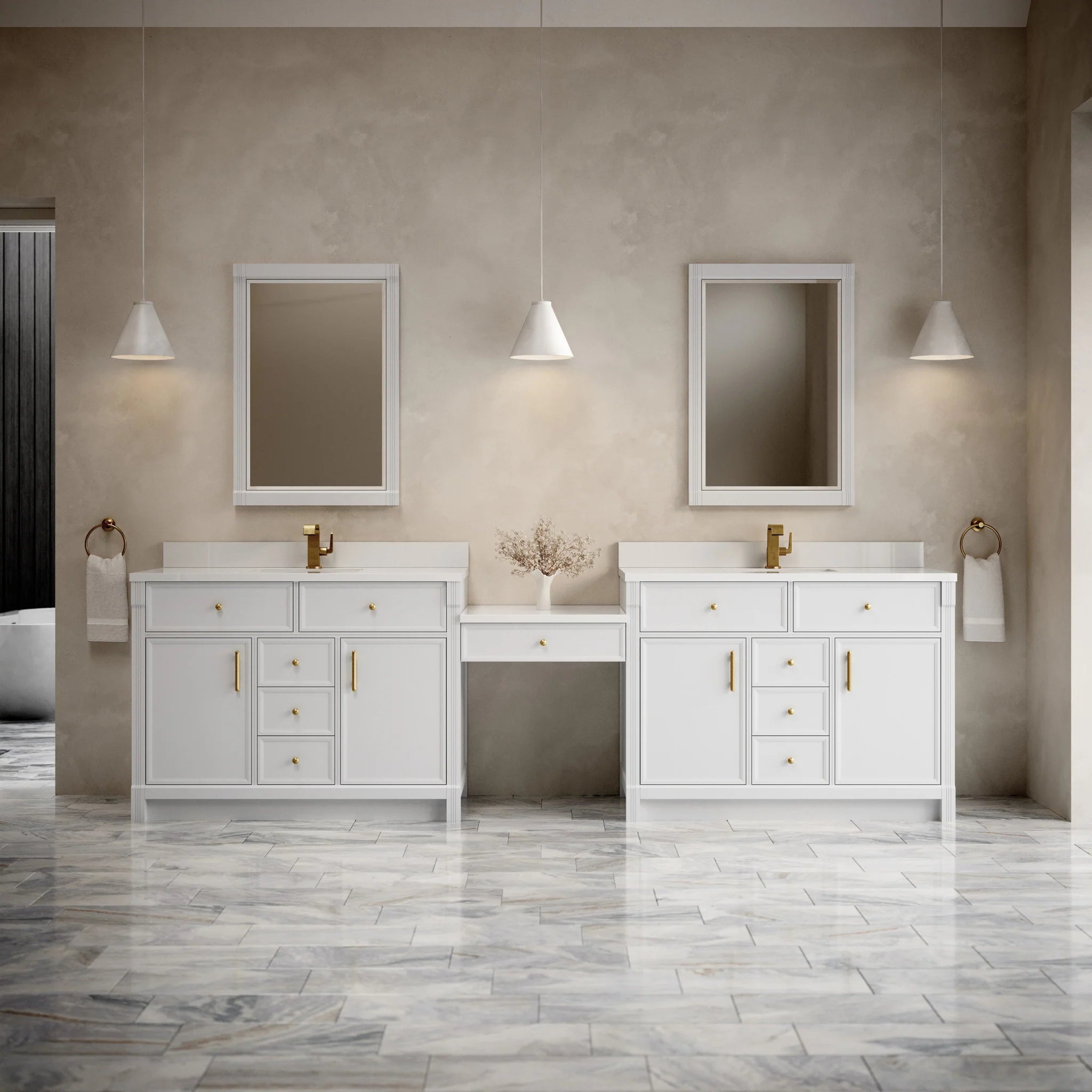 120" Bellshire Dual Vanity in Bright White with 24" Make-Up Counter by James Martin Vanities-White Zeus Silestone & Backsplash 1