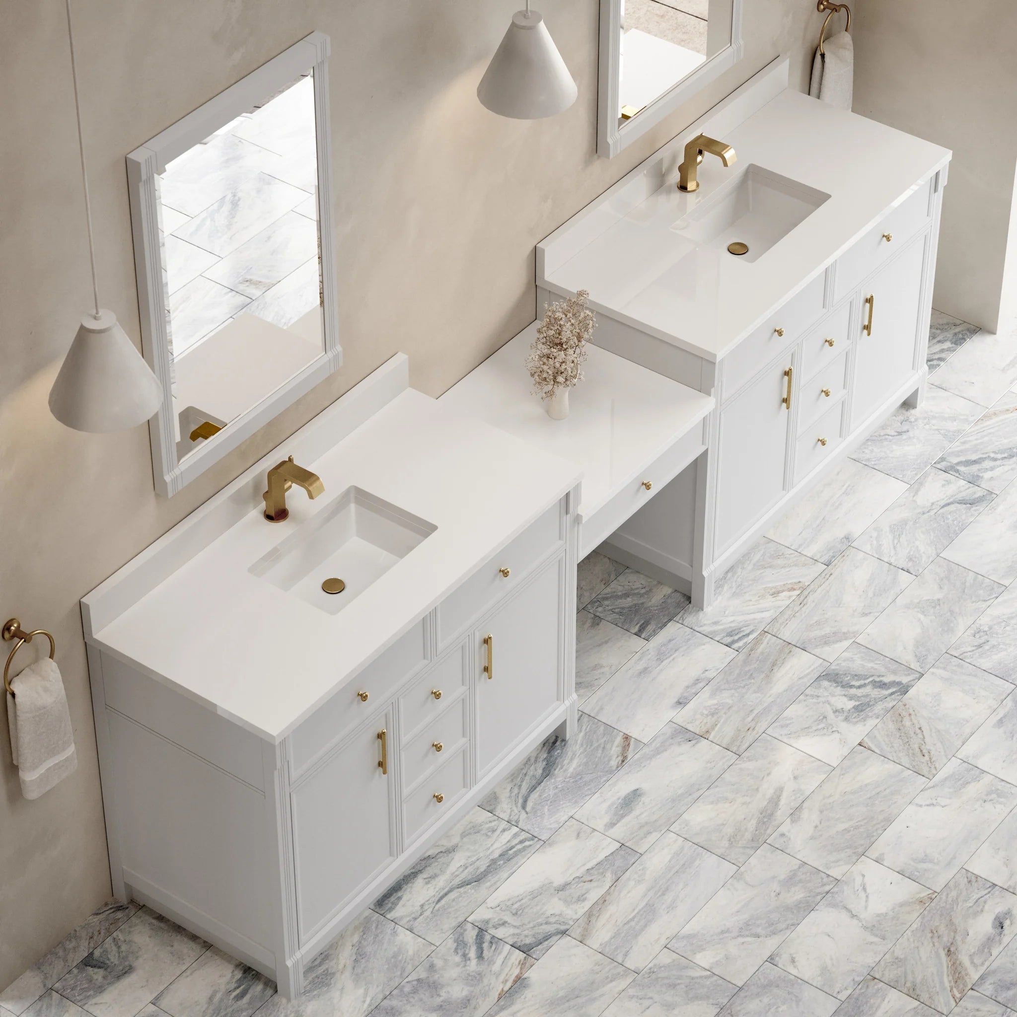 120" Bellshire Dual Vanity in Bright White with 24" Make-Up Counter by James Martin Vanities-White Zeus Silestone & Backsplash 4