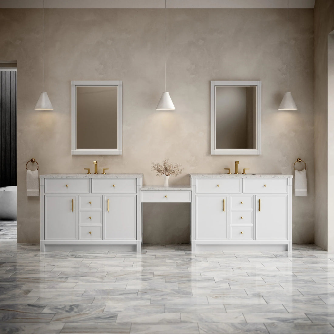 120" Bellshire Dual Vanity in Bright White with 24" Make-Up Counter w/FreePower Wireless Charger by James Martin Vanities-Eternal Jasmine Pearl Silestone 1