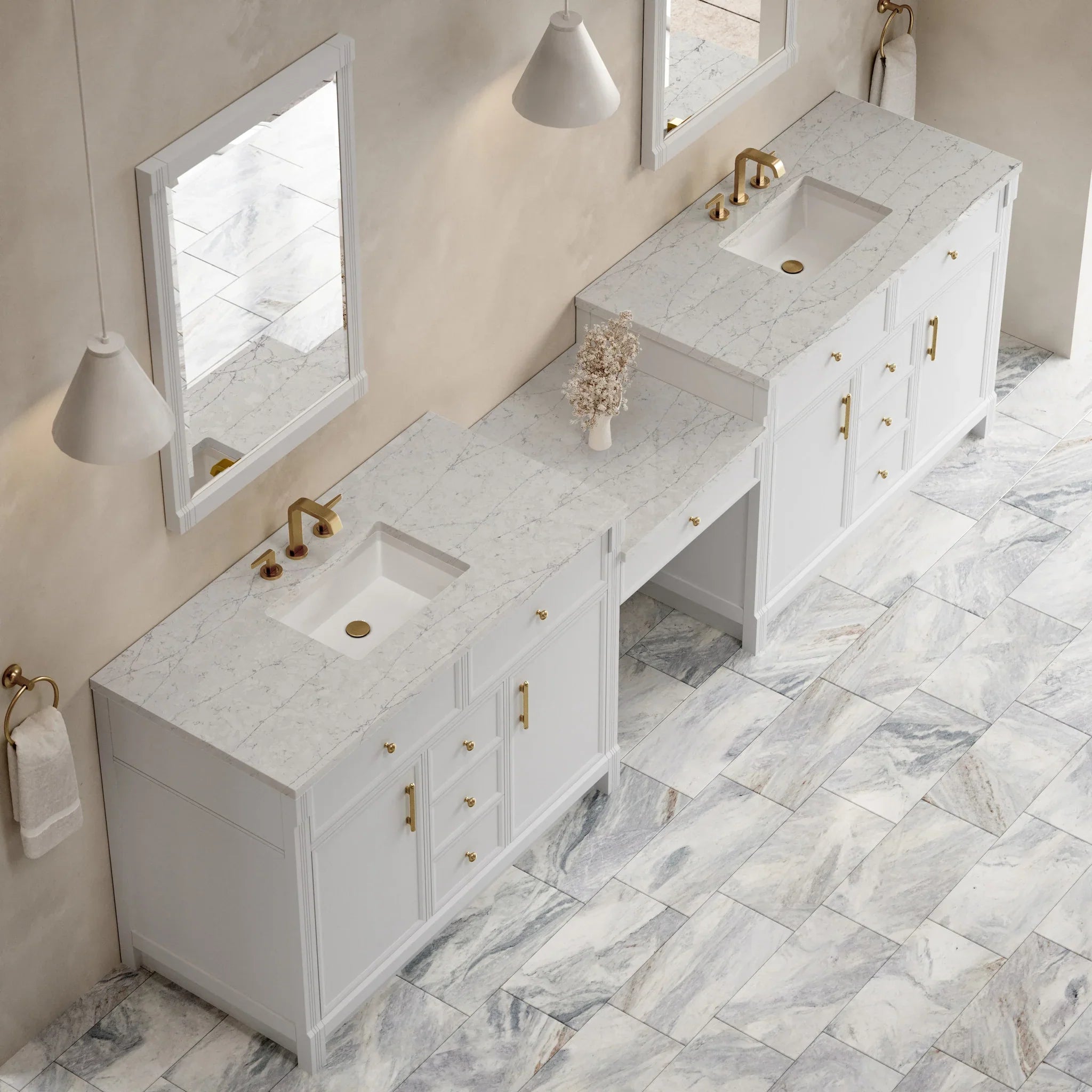 120" Bellshire Dual Vanity in Bright White with 24" Make-Up Counter w/FreePower Wireless Charger by James Martin Vanities-Eternal Jasmine Pearl Silestone 3