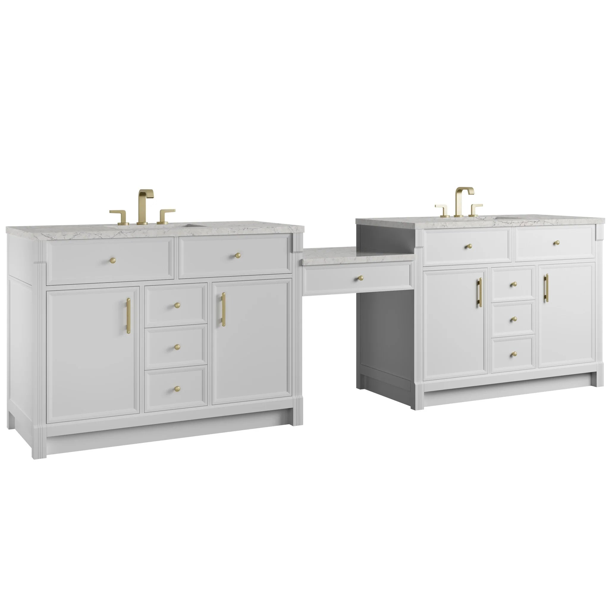 120" Bellshire Dual Vanity in Bright White with 24" Make-Up Counter w/FreePower Wireless Charger by James Martin Vanities-Eternal Jasmine Pearl Silestone 5