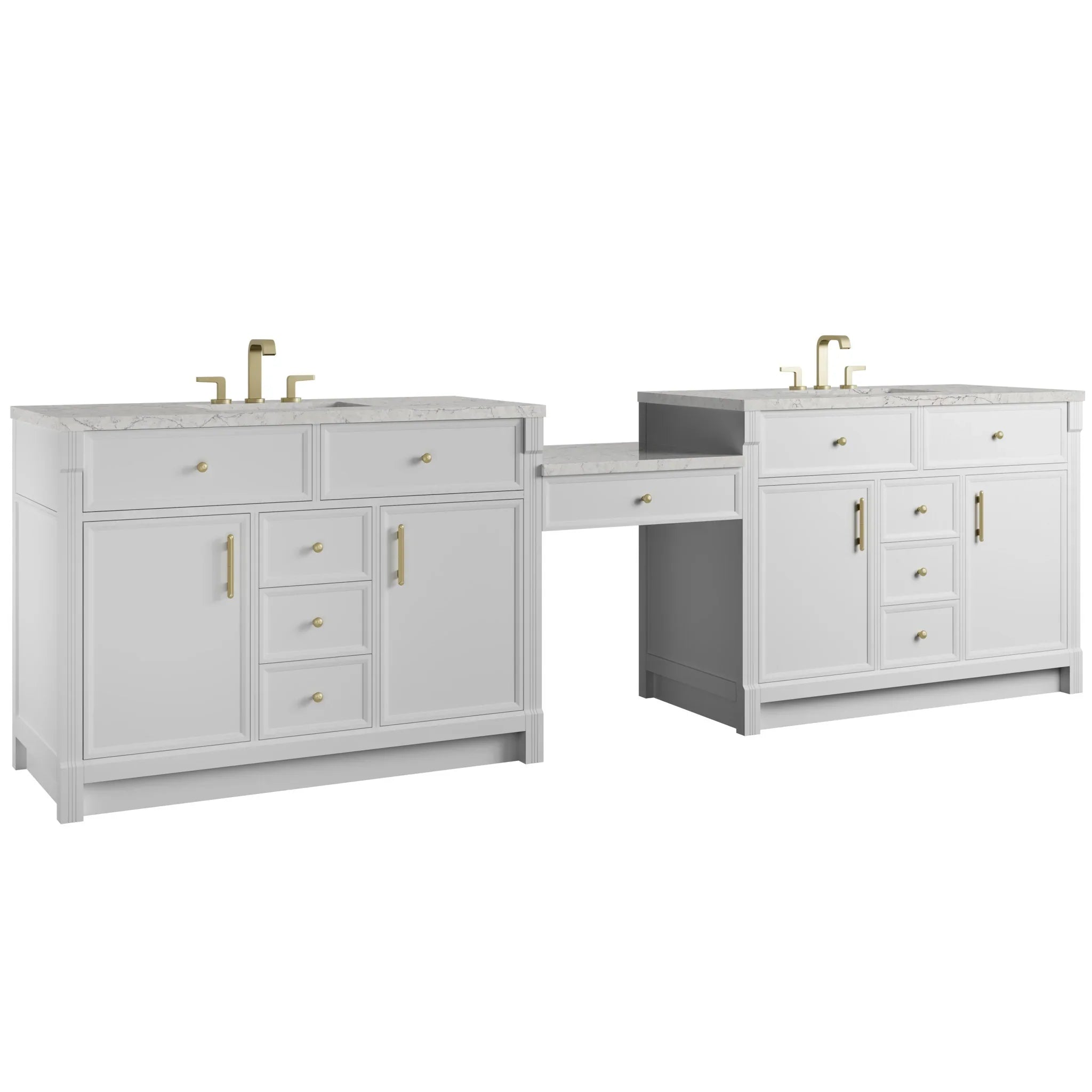 120" Bellshire Dual Vanity in Bright White with 24" Make-Up Counter w/FreePower Wireless Charger by James Martin Vanities-Eternal Jasmine Pearl Silestone 5