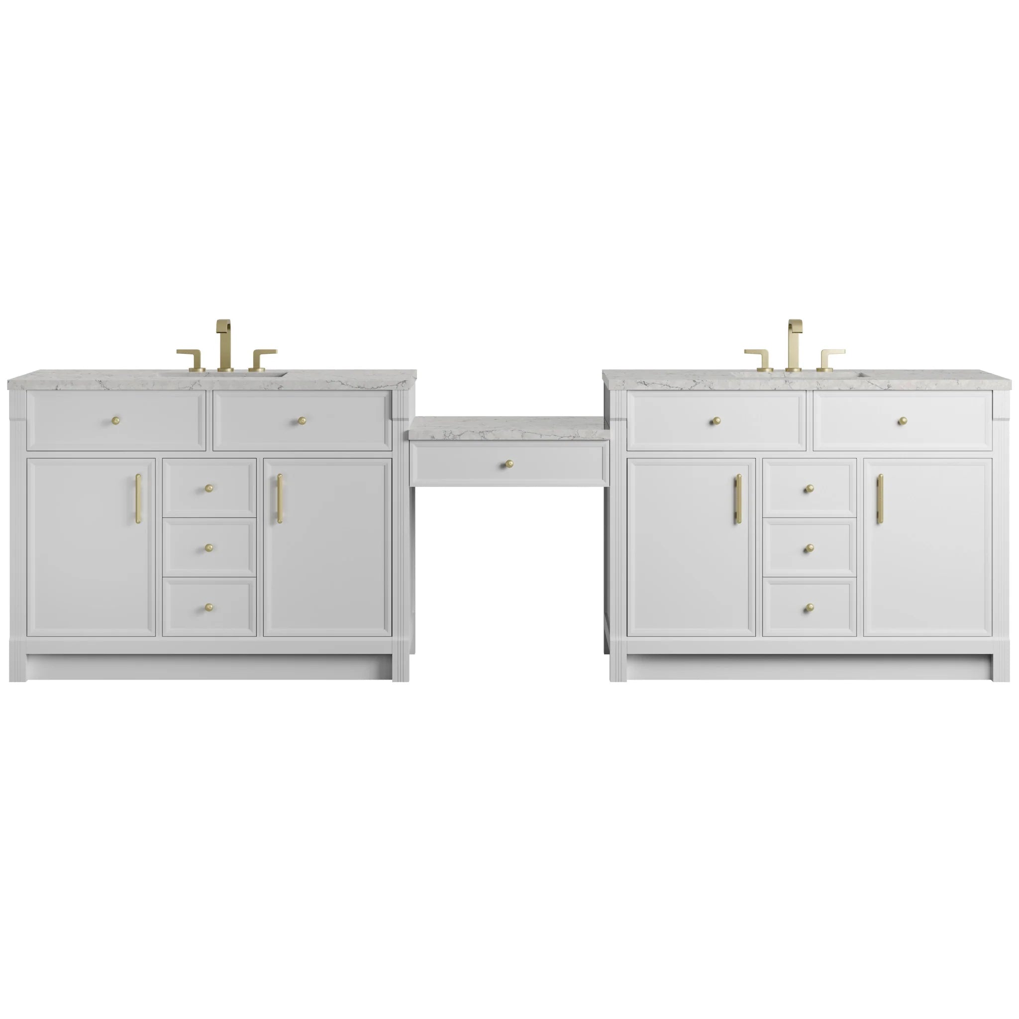 120" Bellshire Dual Vanity in Bright White with 24" Make-Up Counter w/FreePower Wireless Charger by James Martin Vanities-Eternal Jasmine Pearl Silestone 