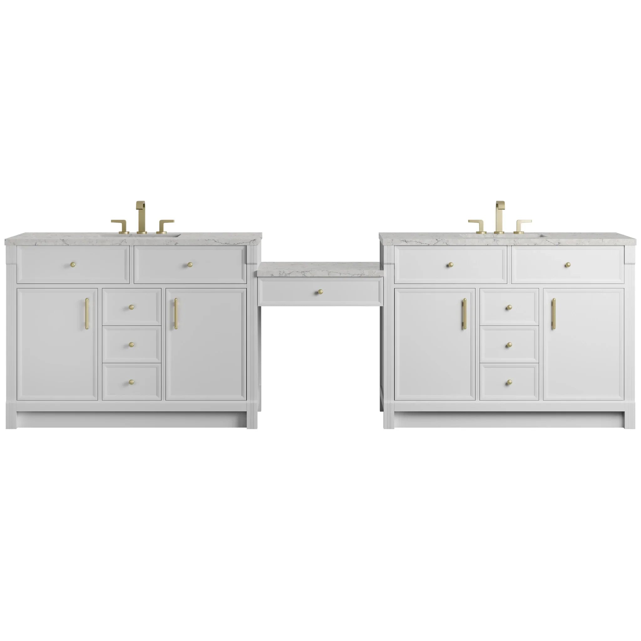 120" Bellshire Dual Vanity in Bright White with 24" Make-Up Counter w/FreePower Wireless Charger by James Martin Vanities-Eternal Jasmine Pearl Silestone 