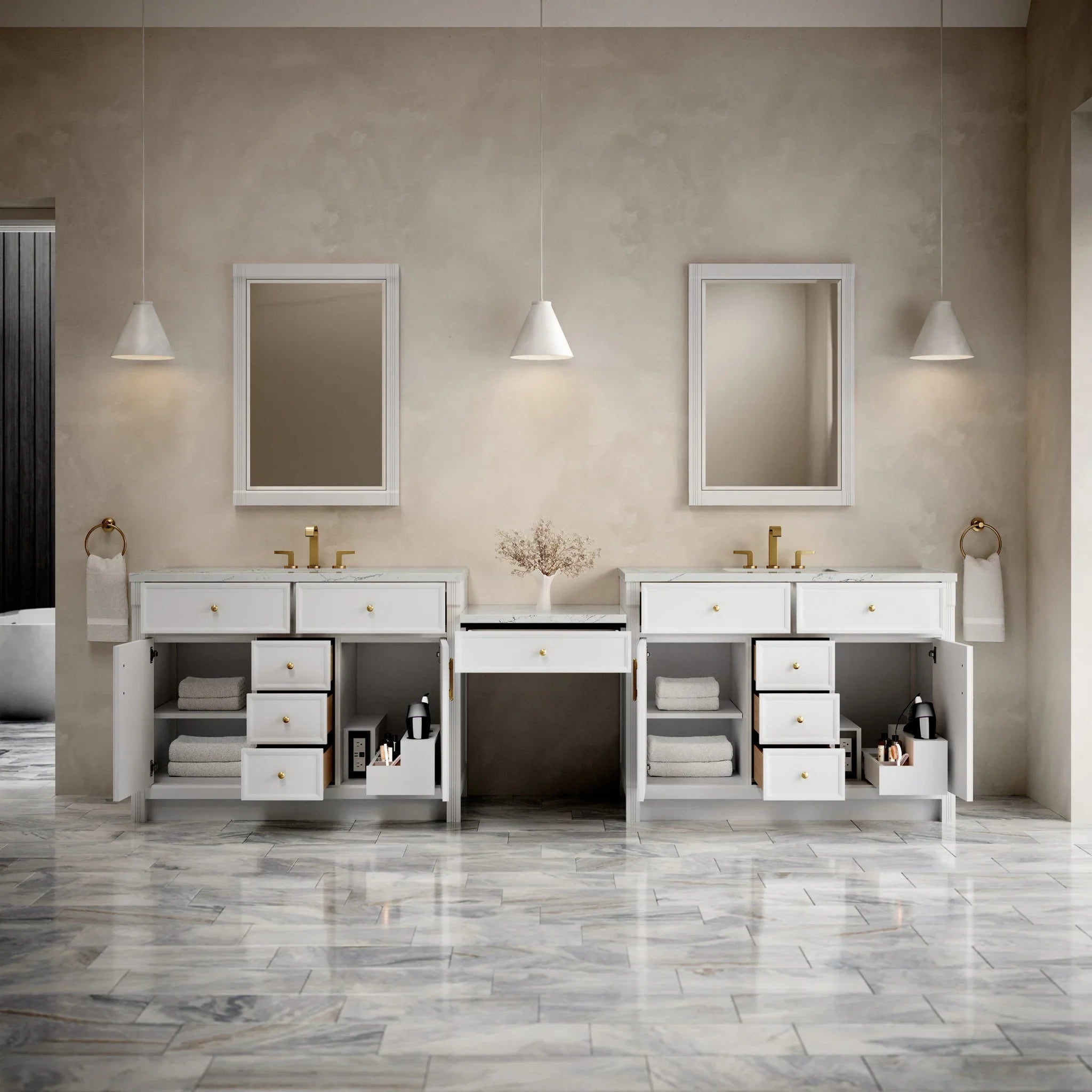 120" Bellshire Dual Vanity in Bright White with 24" Make-Up Counter w/FreePower Wireless Charger by James Martin Vanities-Ethereal Noctis Silestone 2