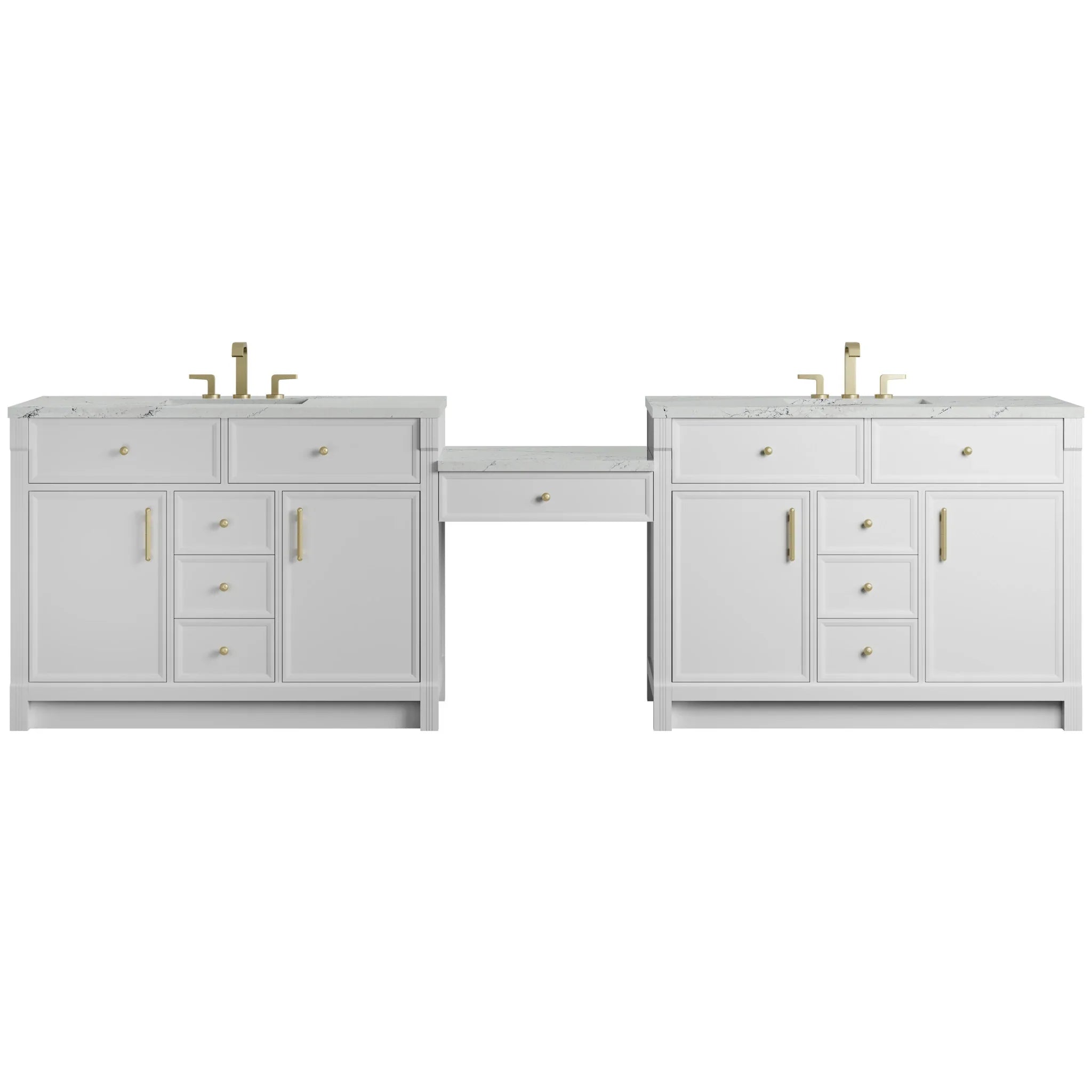 120" Bellshire Dual Vanity in Bright White with 24" Make-Up Counter w/FreePower Wireless Charger by James Martin Vanities-Ethereal Noctis Silestone 