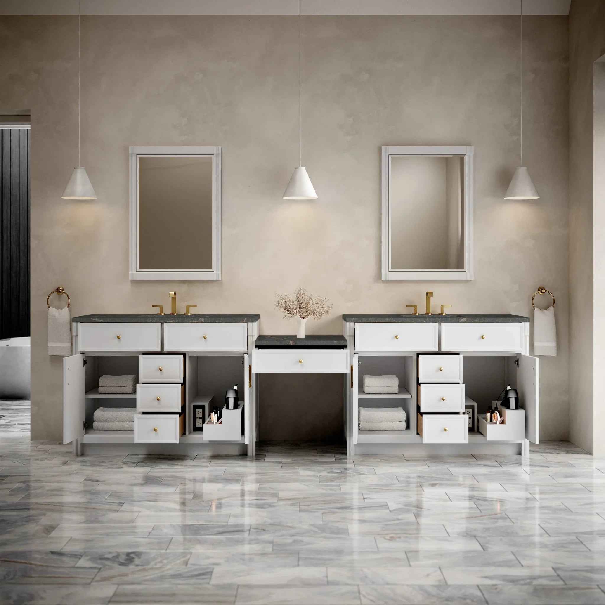 120" Bellshire Dual Vanity in Bright White with 24" Make-Up Counter w/FreePower Wireless Charger by James Martin Vanities-Parisien Bleu Silestone 2