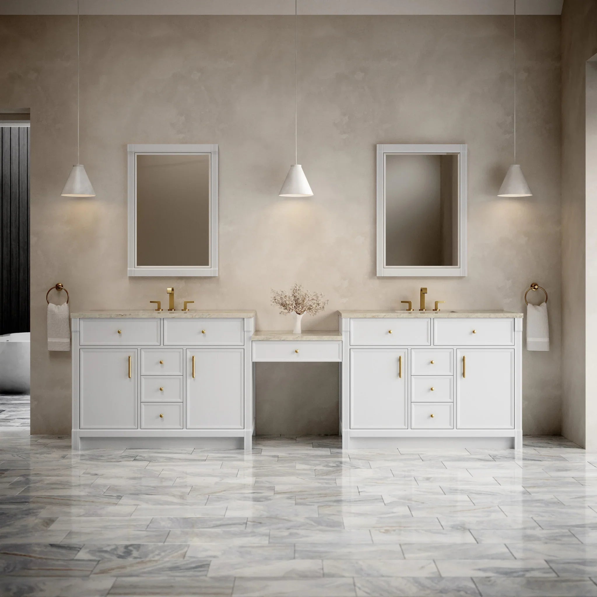 120" Bellshire Dual Vanity in Bright White with 24" Make-Up Counter w/FreePower Wireless Charger by James Martin Vanities-Tajnar Eclos 1