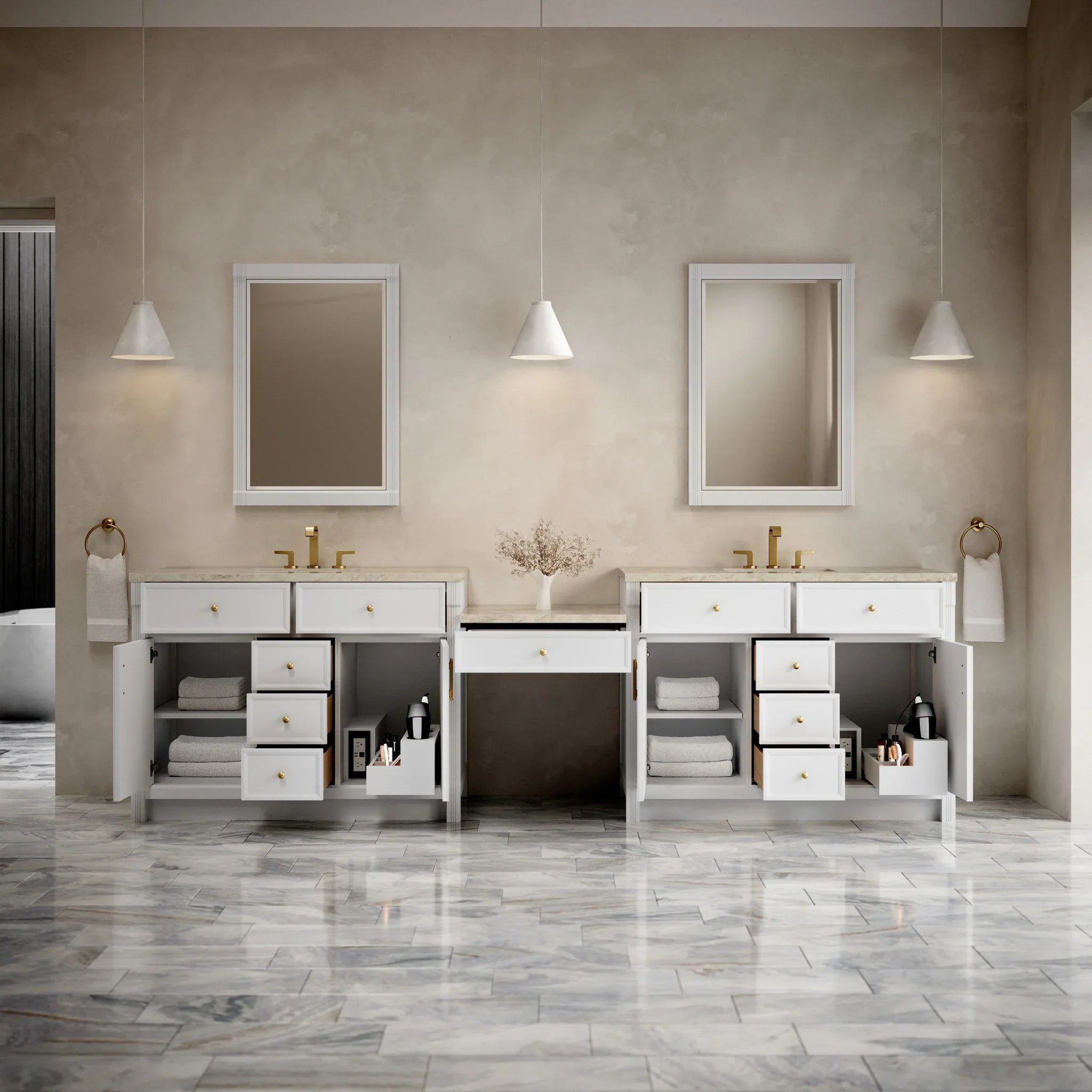 120" Bellshire Dual Vanity in Bright White with 24" Make-Up Counter w/FreePower Wireless Charger by James Martin Vanities-Tajnar Eclos 2