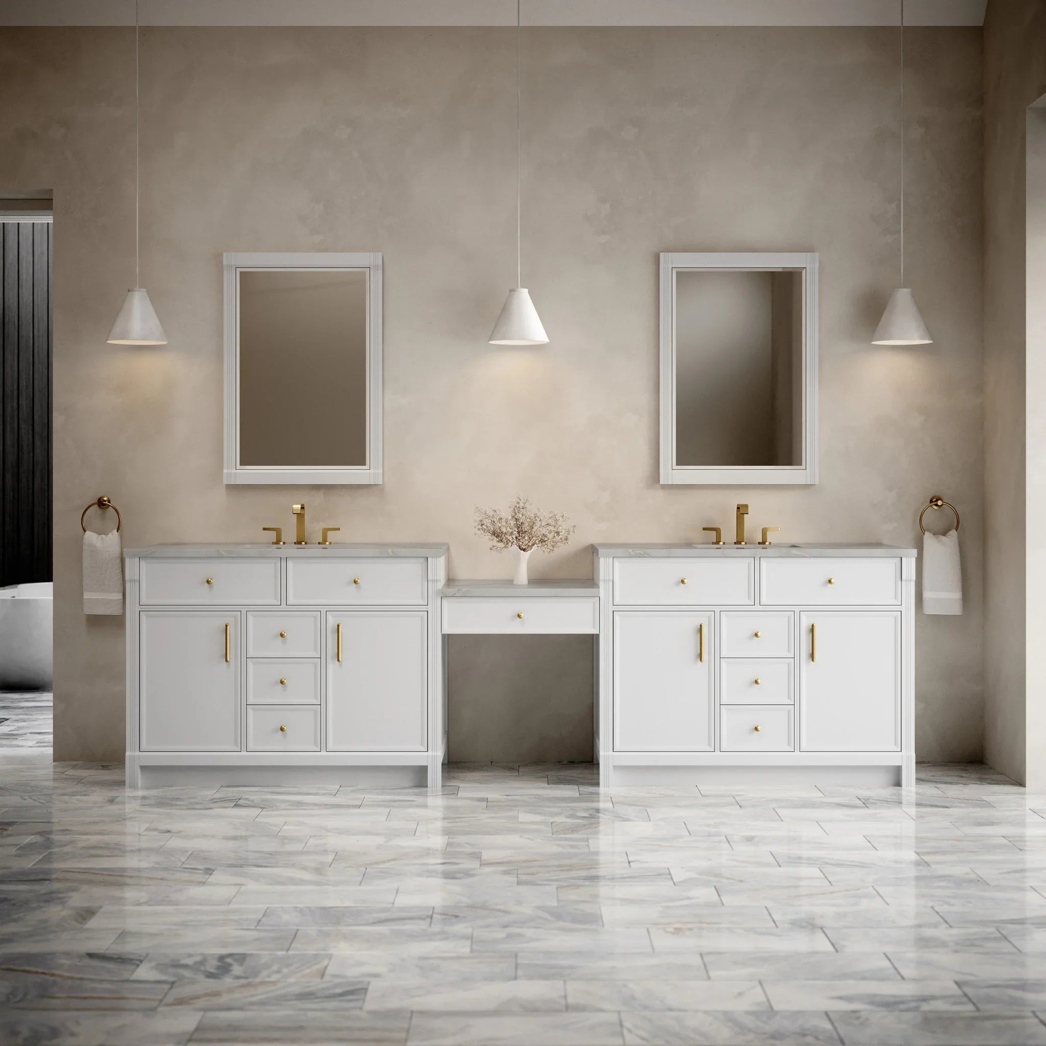 120" Bellshire Dual Vanity in Bright White with 24" Make-Up Counter w/FreePower Wireless Charger by James Martin Vanities-Victorian Silver Silestone 1