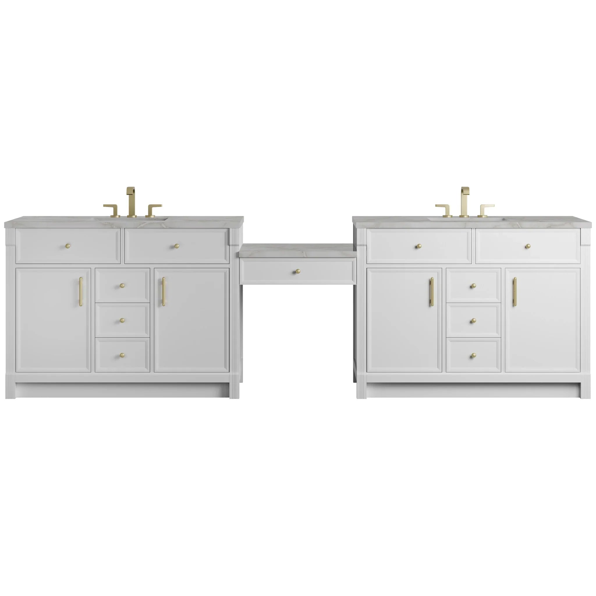 120" Bellshire Dual Vanity in Bright White with 24" Make-Up Counter w/FreePower Wireless Charger by James Martin Vanities-Victorian Silver Silestone 