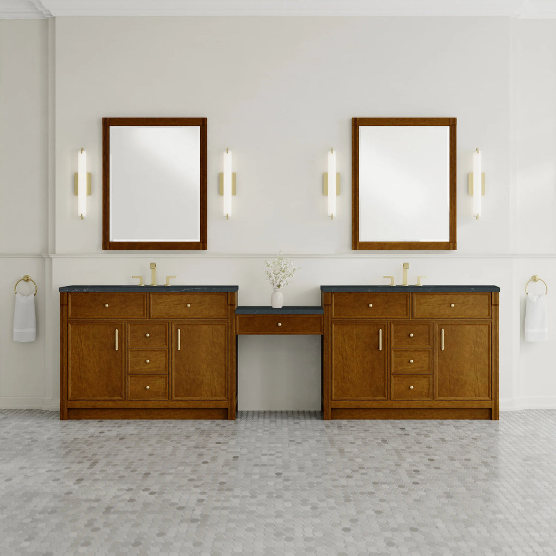 120" Bellshire Dual Vanity in Honey Oak with 24" Make-Up Counter by James Martin Vanities-Charcoal Soapstone Silestone 1