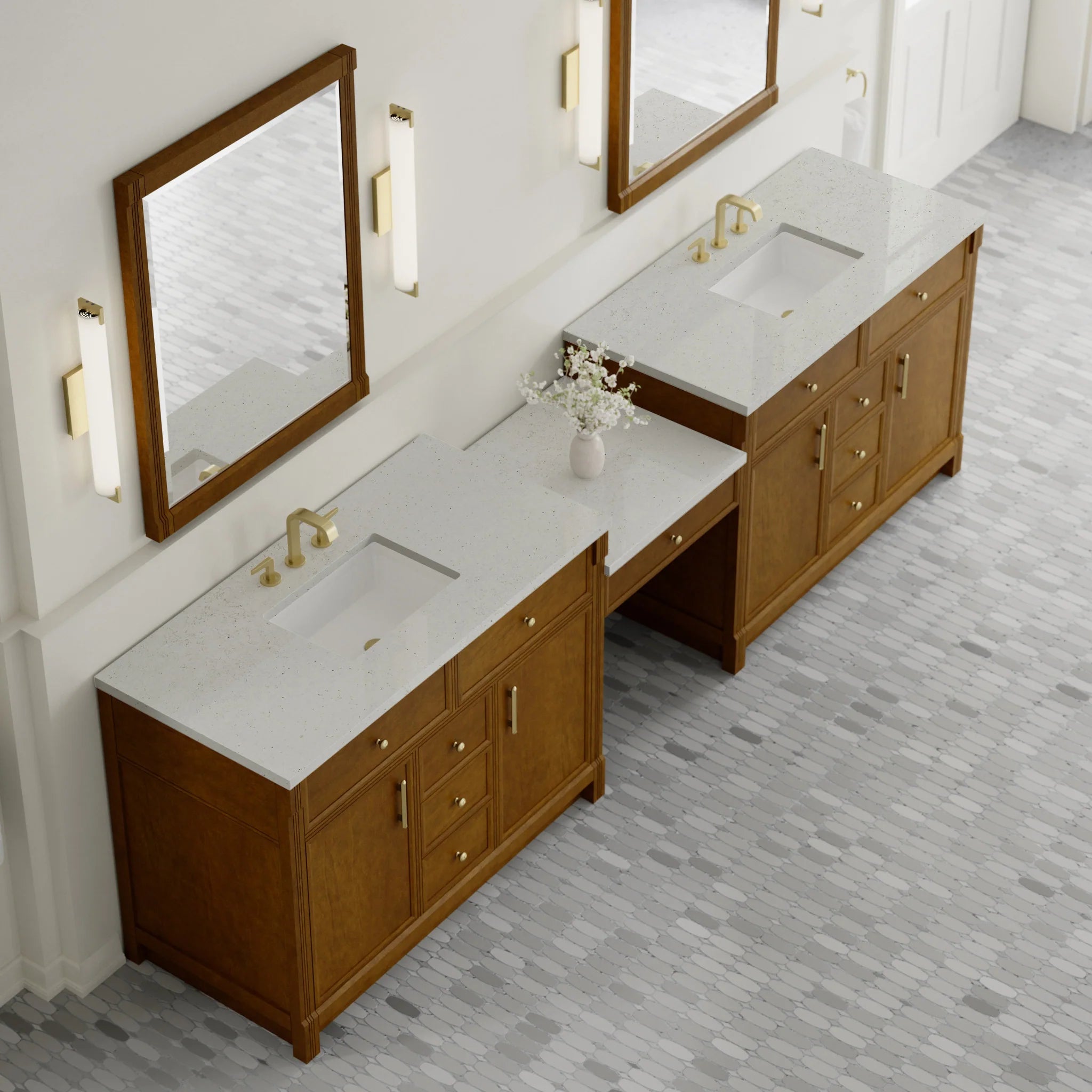 120" Bellshire Dual Vanity in Honey Oak with 24" Make-Up Counter by James Martin Vanities-Lime Delight Silestone 3