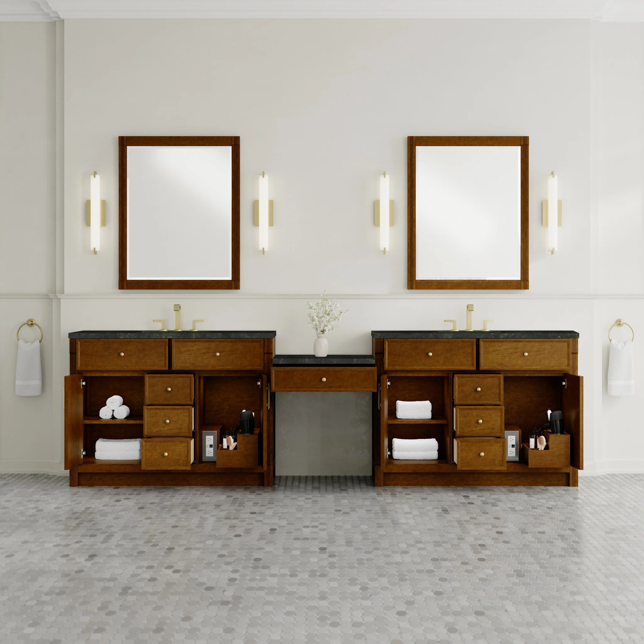 120" Bellshire Dual Vanity in Honey Oak with 24" Make-Up Counter by James Martin Vanities-Phantome Eclos 2