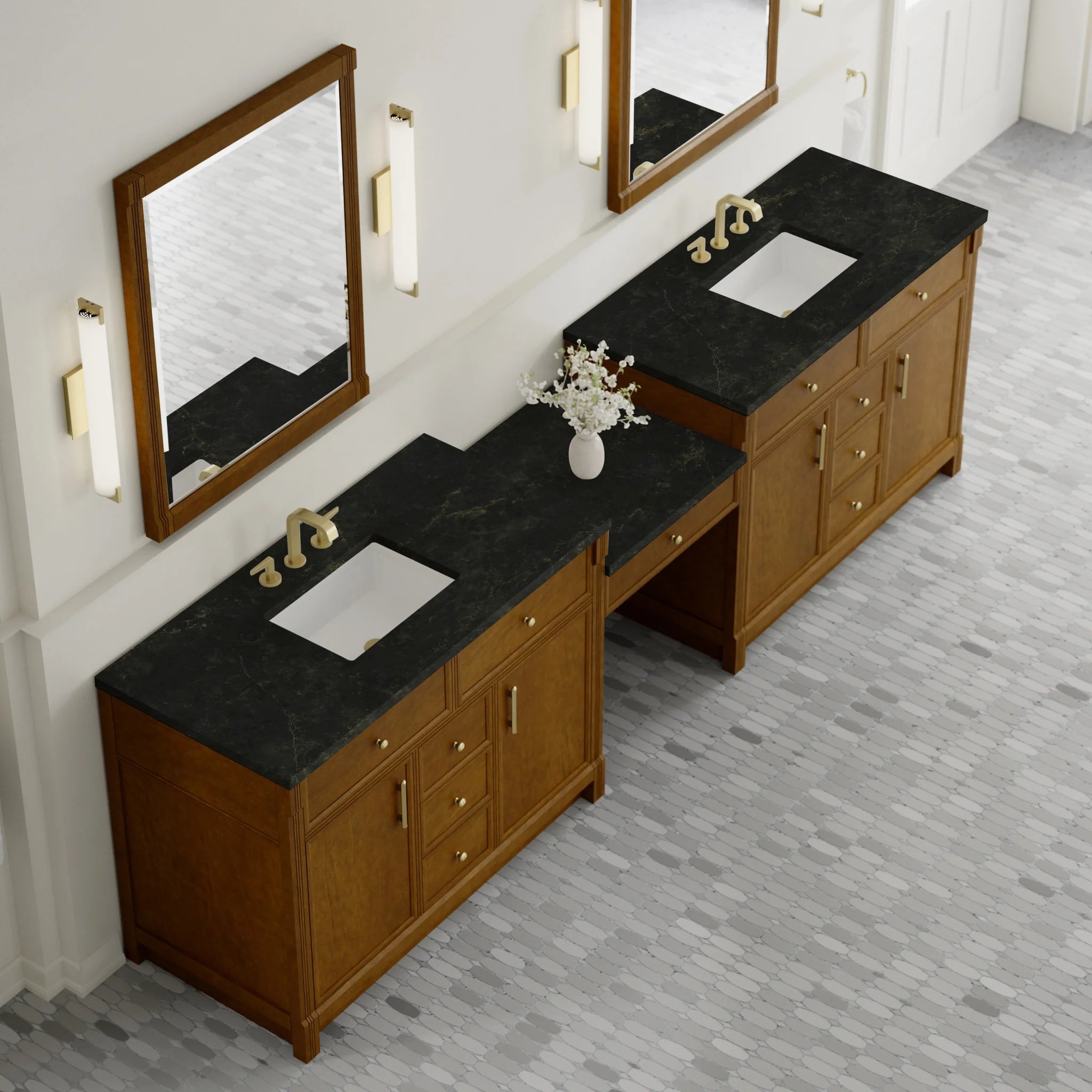 120" Bellshire Dual Vanity in Honey Oak with 24" Make-Up Counter by James Martin Vanities-Phantome Eclos 3