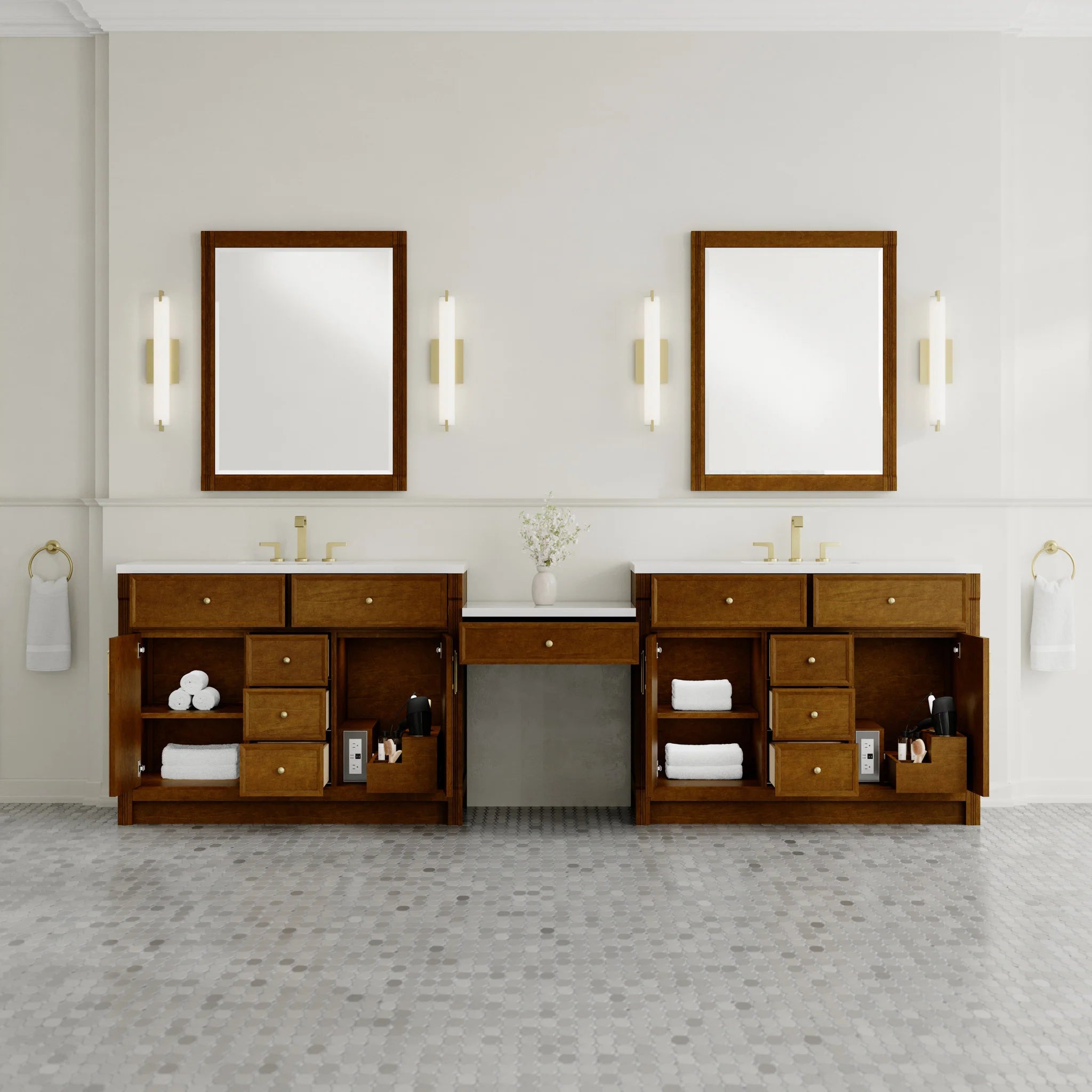 120" Bellshire Dual Vanity in Honey Oak with 24" Make-Up Counter by James Martin Vanities-White Zeus Silestone 2