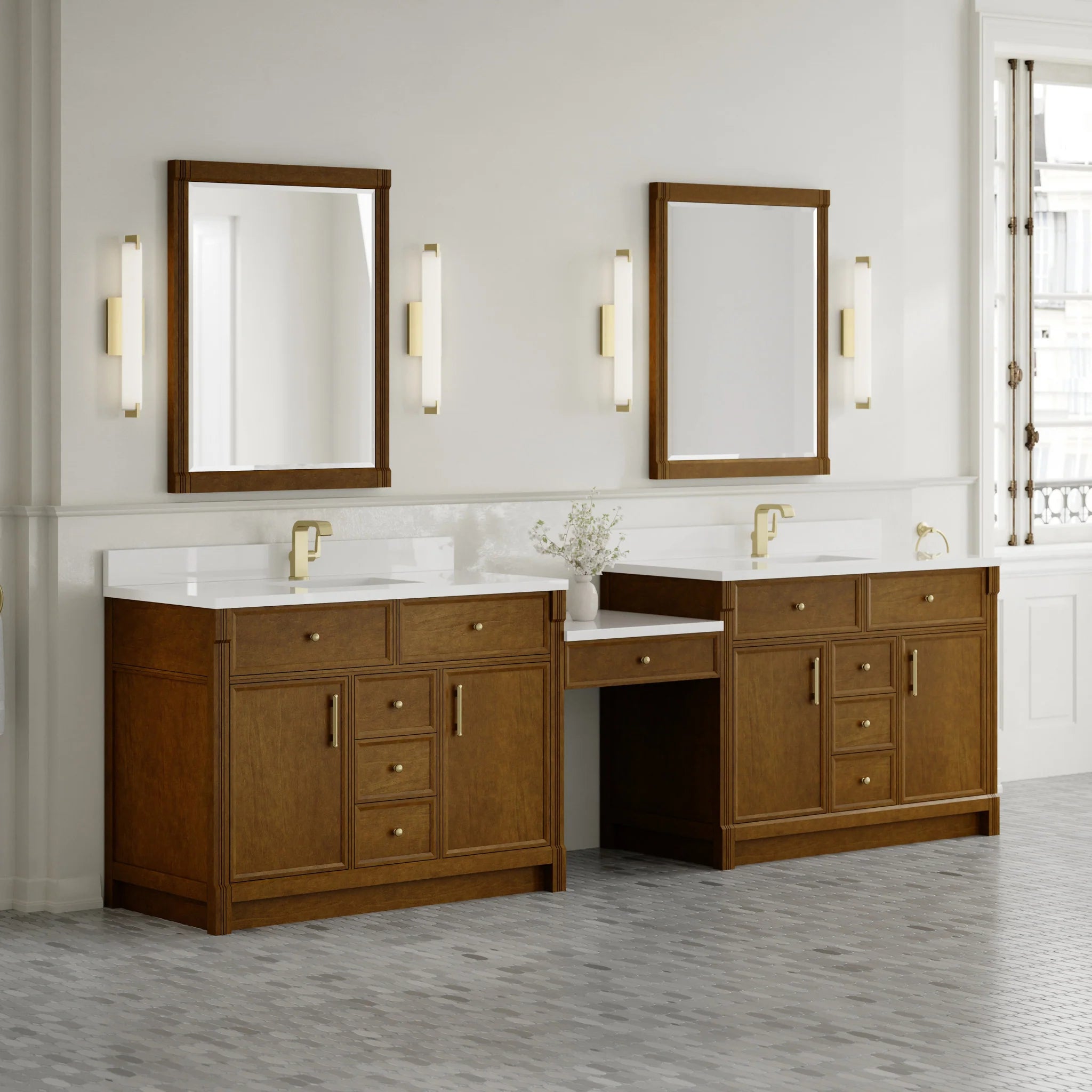 120" Bellshire Dual Vanity in Honey Oak with 24" Make-Up Counter by James Martin Vanities-White Zeus Silestone & Backsplash 2