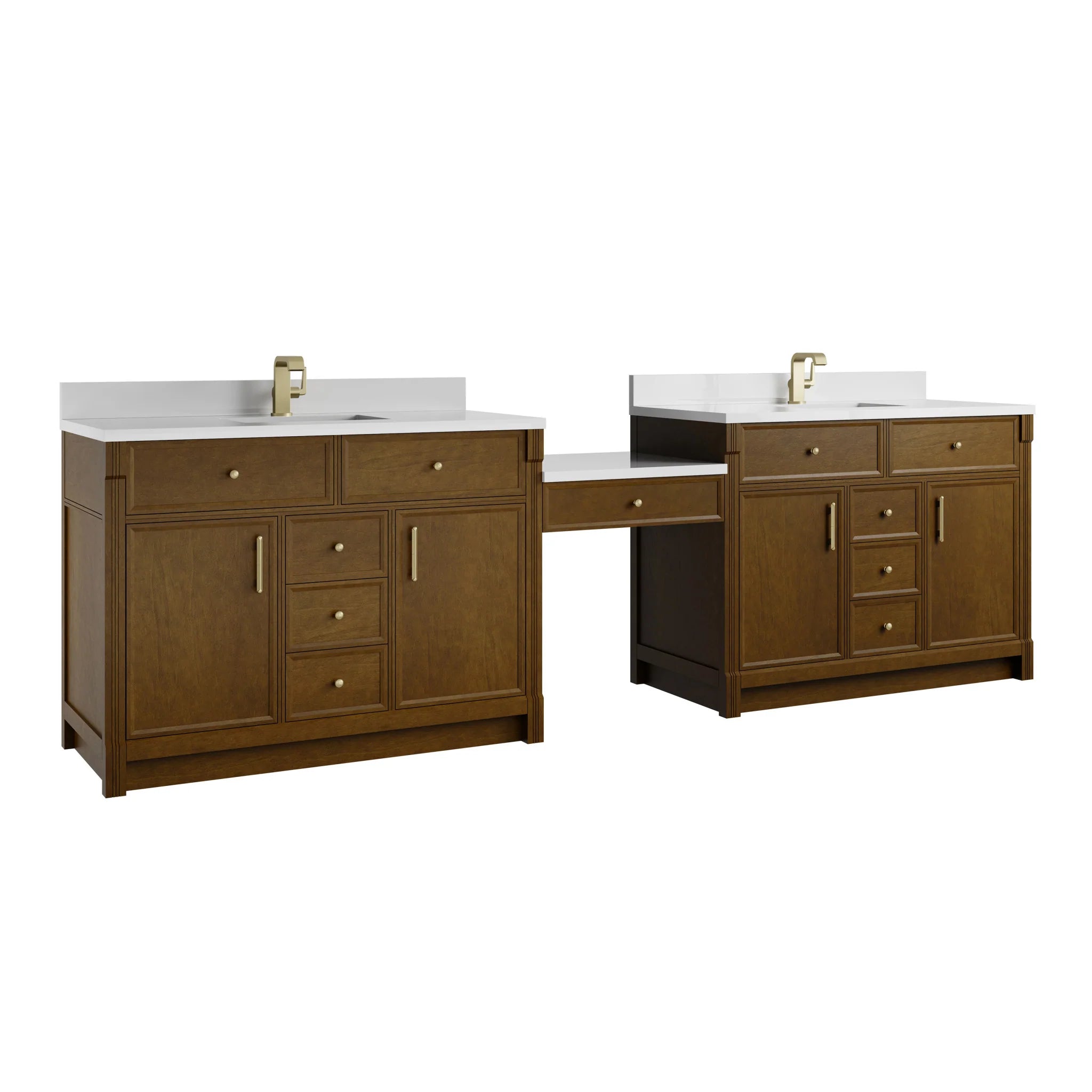 120" Bellshire Dual Vanity in Honey Oak with 24" Make-Up Counter by James Martin Vanities-White Zeus Silestone & Backsplash 5
