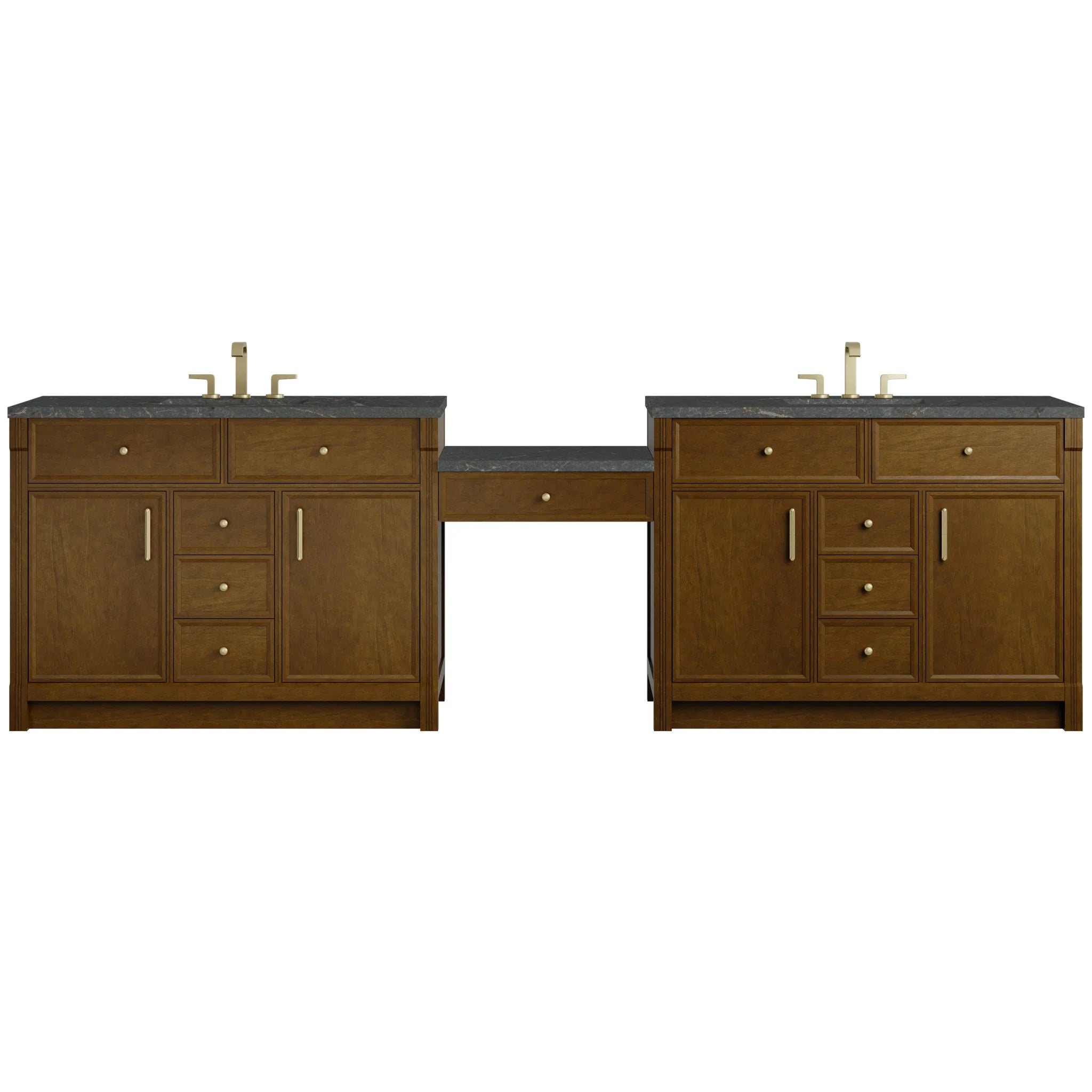 120" Bellshire Dual Vanity in Honey Oak with 24" Make-Up Counter w/FreePower Wireless Charger by James Martin Vanities-Parisien Bleu Silestone 