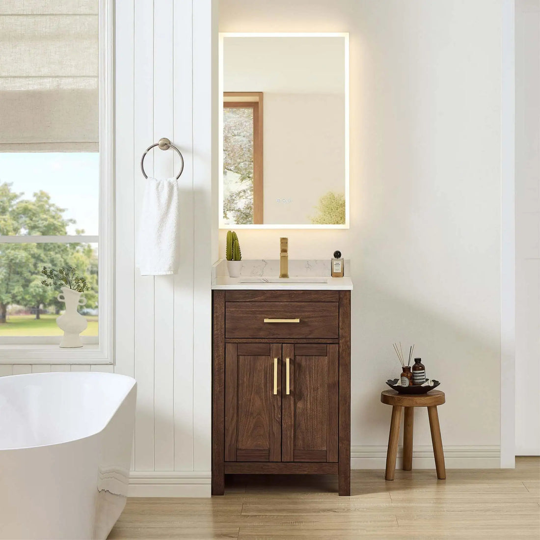 24" Beckett Single Bathroom Vanity in Dark Walnut with Brushed Gold Trim by Wyndham