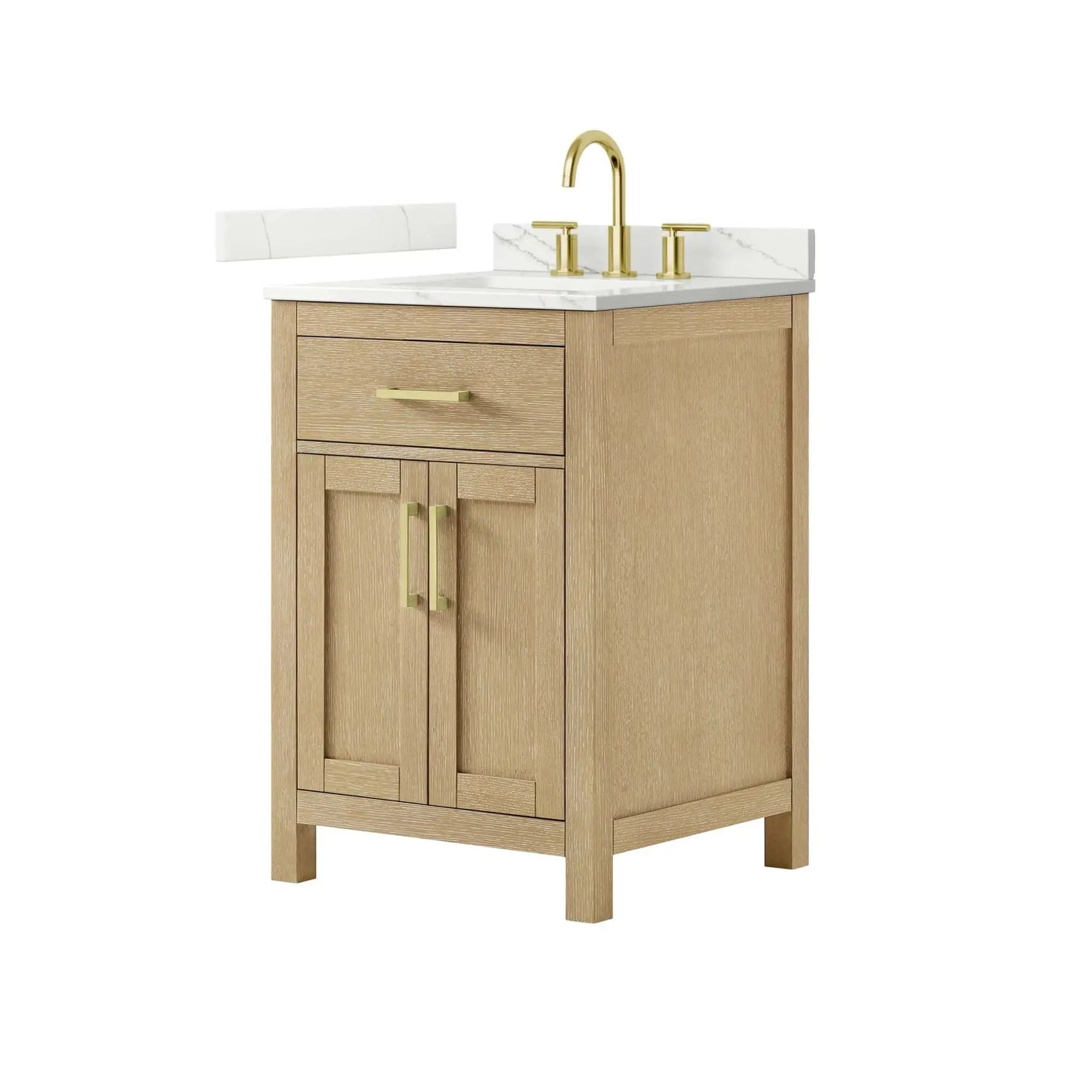 24" Beckett Single Bathroom Vanity in Whitewashed Oak with Brushed Gold Trim by Wyndham