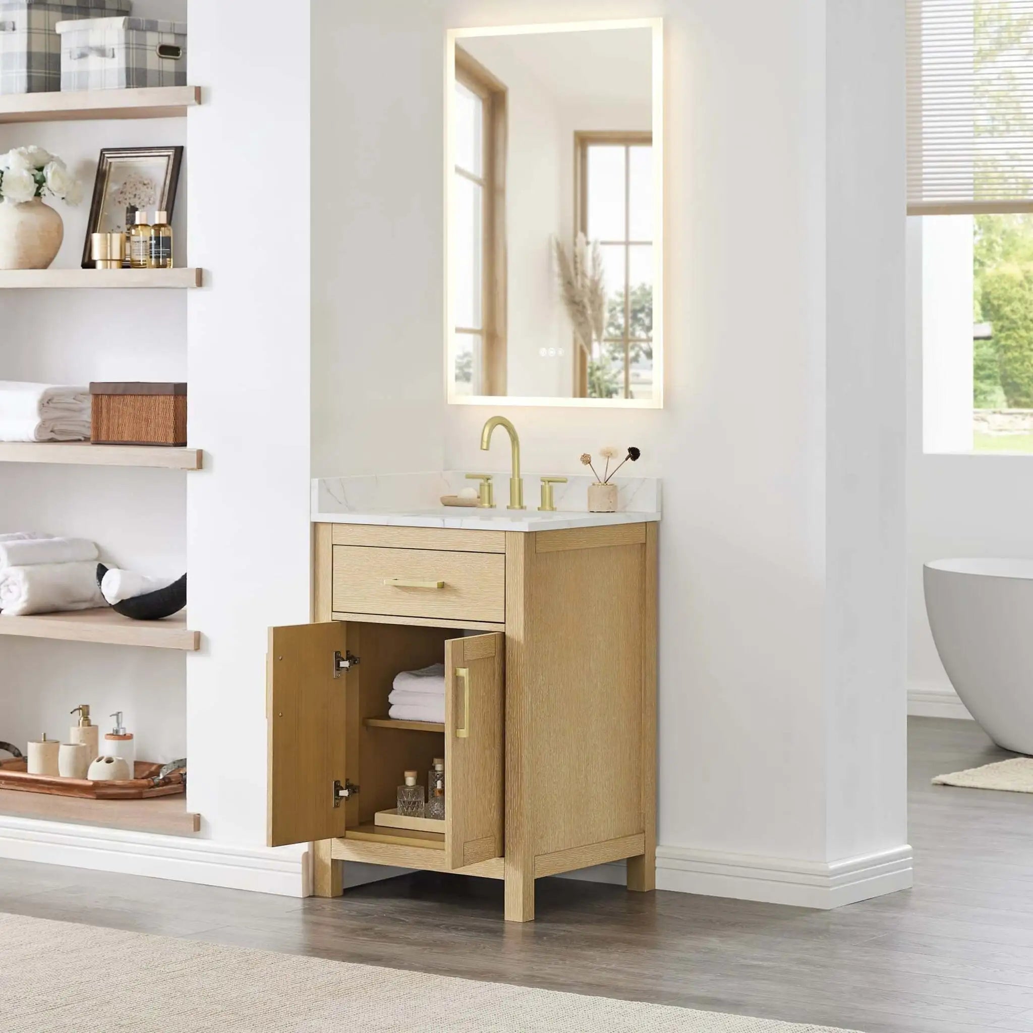 24" Beckett Single Bathroom Vanity in Whitewashed Oak with Brushed Gold Trim by Wyndham