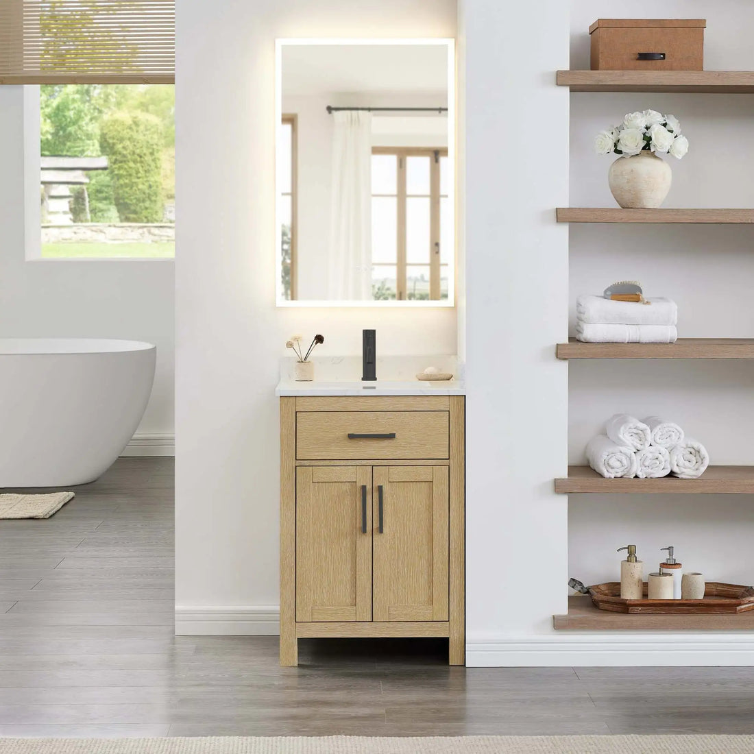 24" Beckett Single Bathroom Vanity in Whitewashed Oak with Matte Black Trim by Wyndham