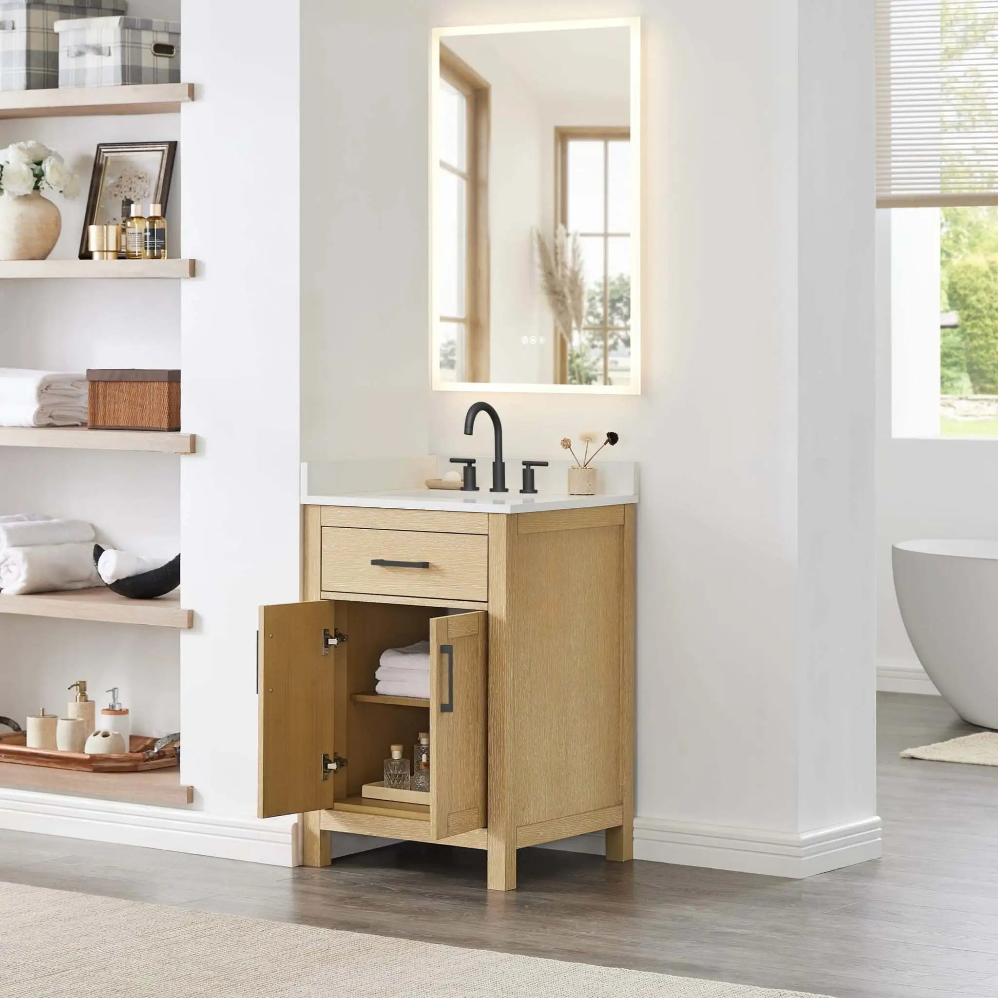 24" Beckett Single Bathroom Vanity in Whitewashed Oak with Matte Black Trim by Wyndham