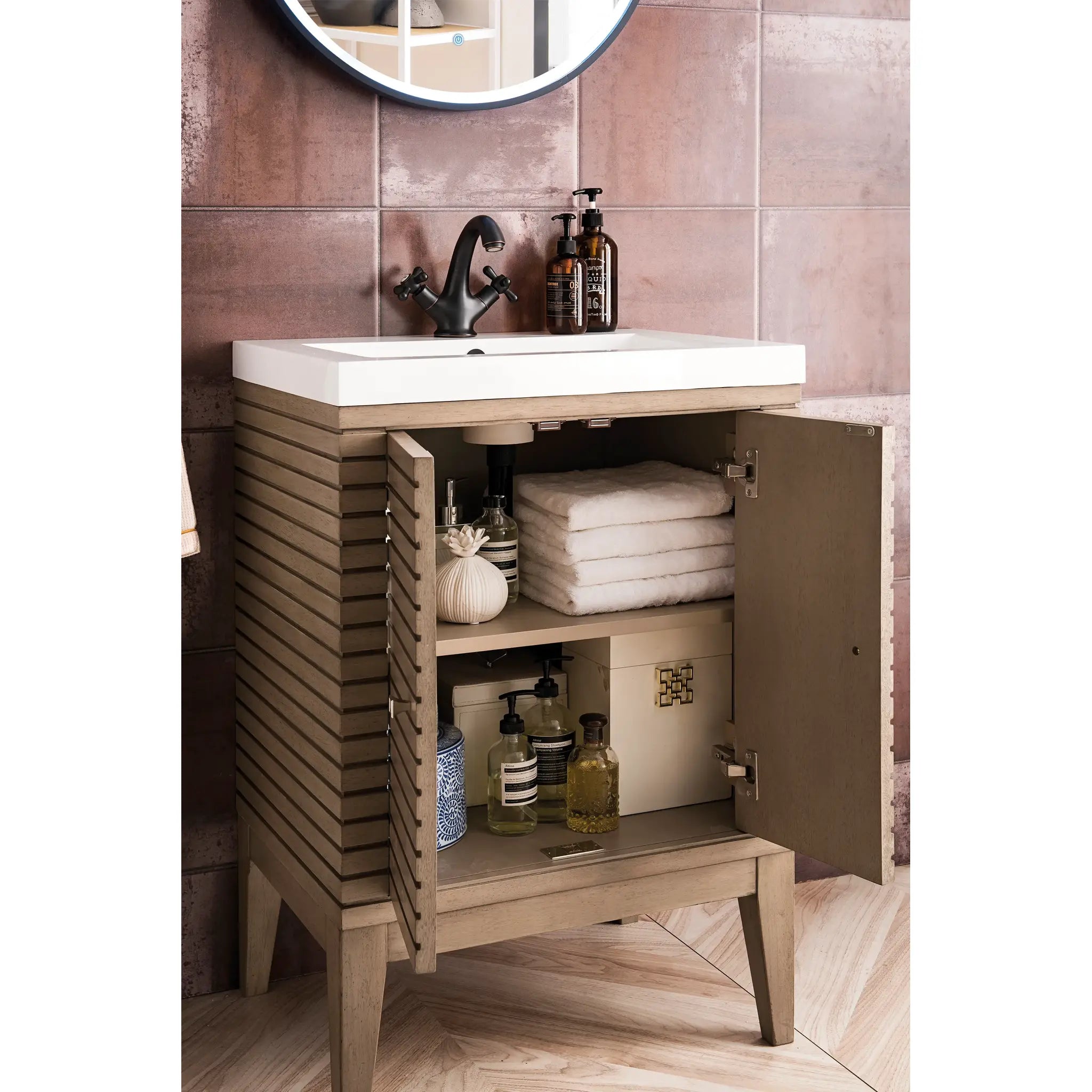 24" Linden Single Vanity in Whitewashed Walnut-White Glossy image 4