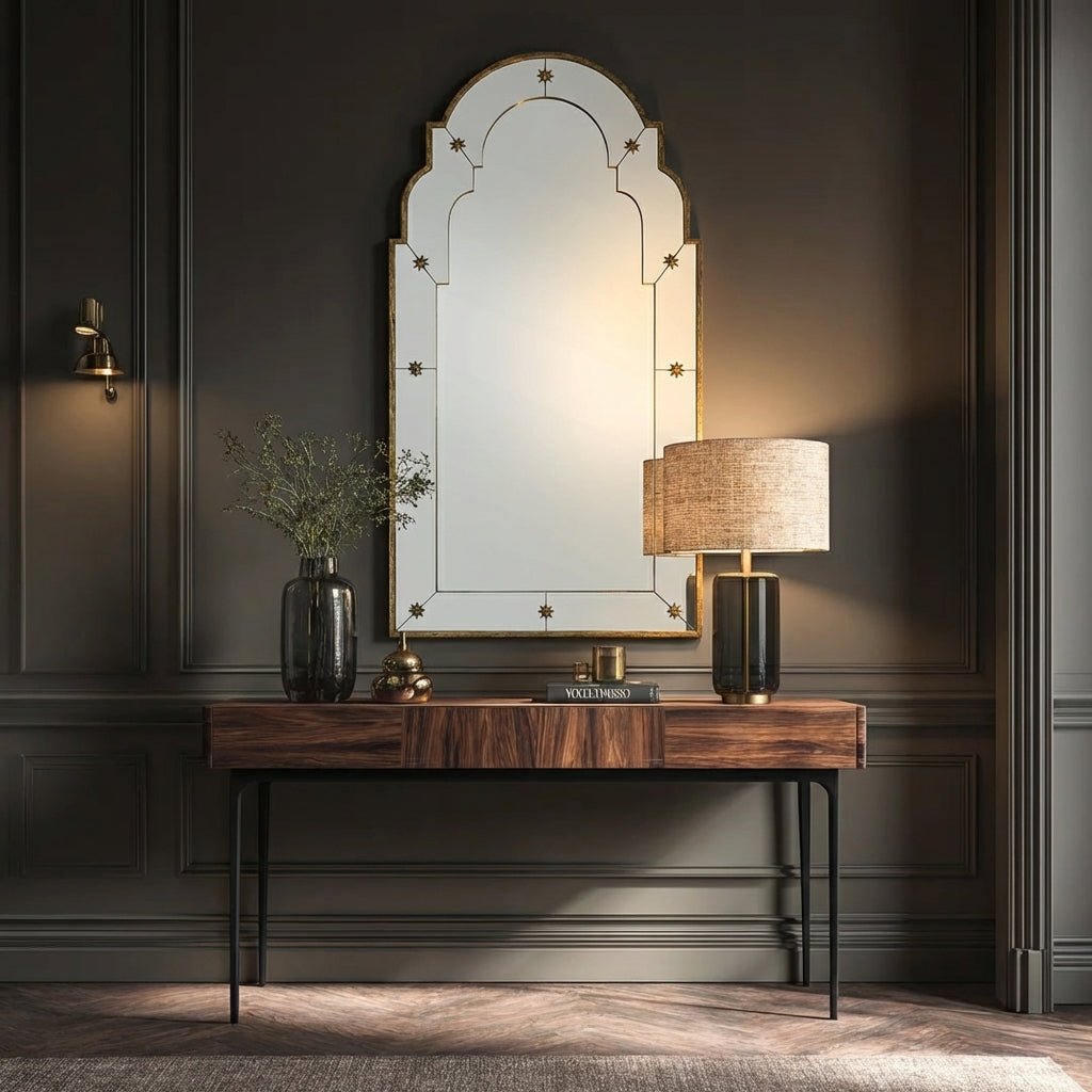Decorative console table with large wall mounted gold mirror and lamp against a dark wall.